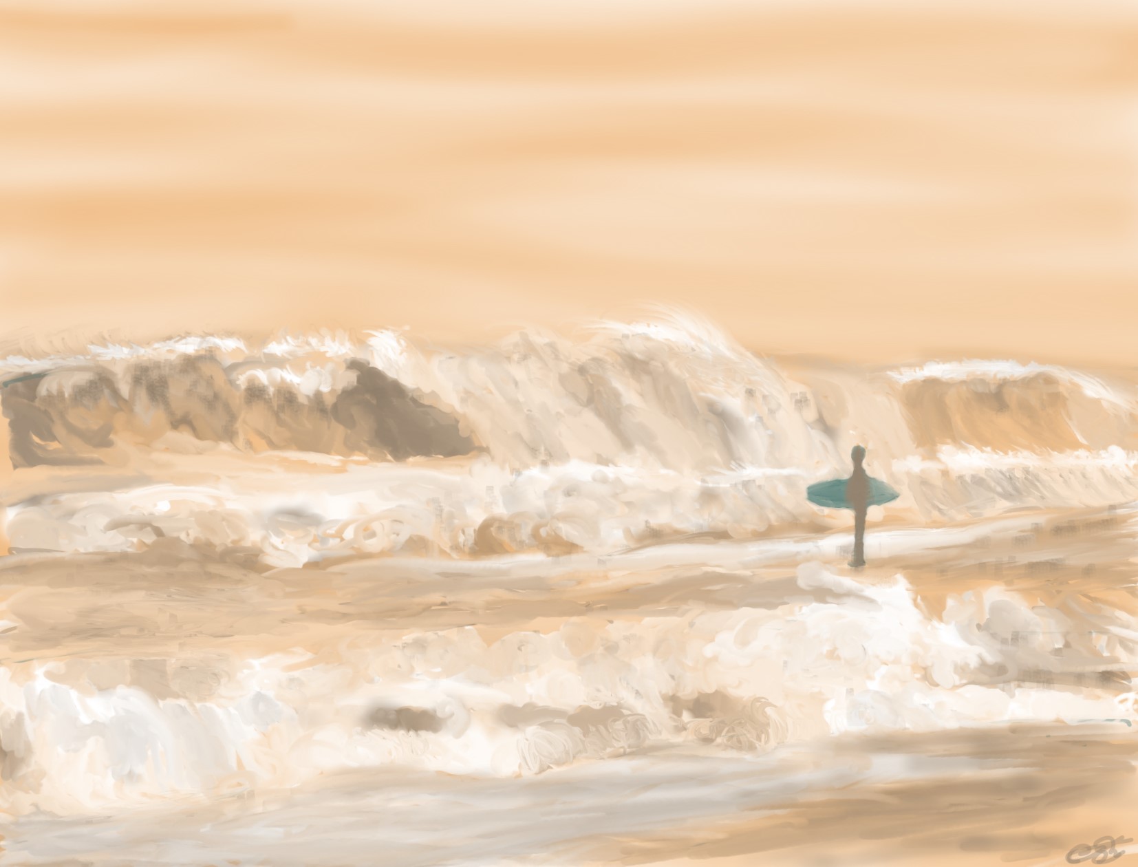 Pintura digital de un surfista con tabla frente al mar en tonos sepia