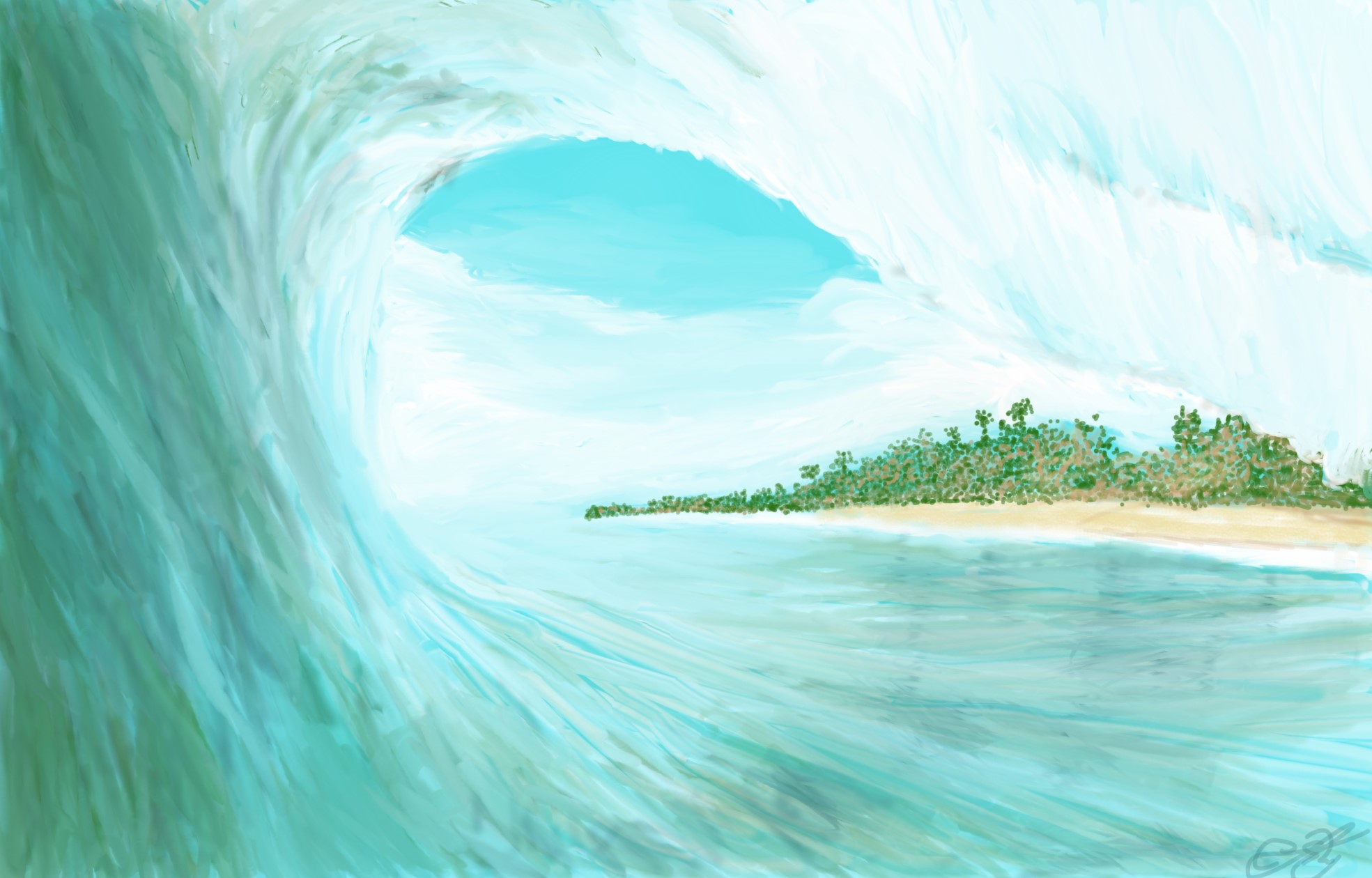 Pintura digital de una ola en tubo viendo hacia una playa tropical
