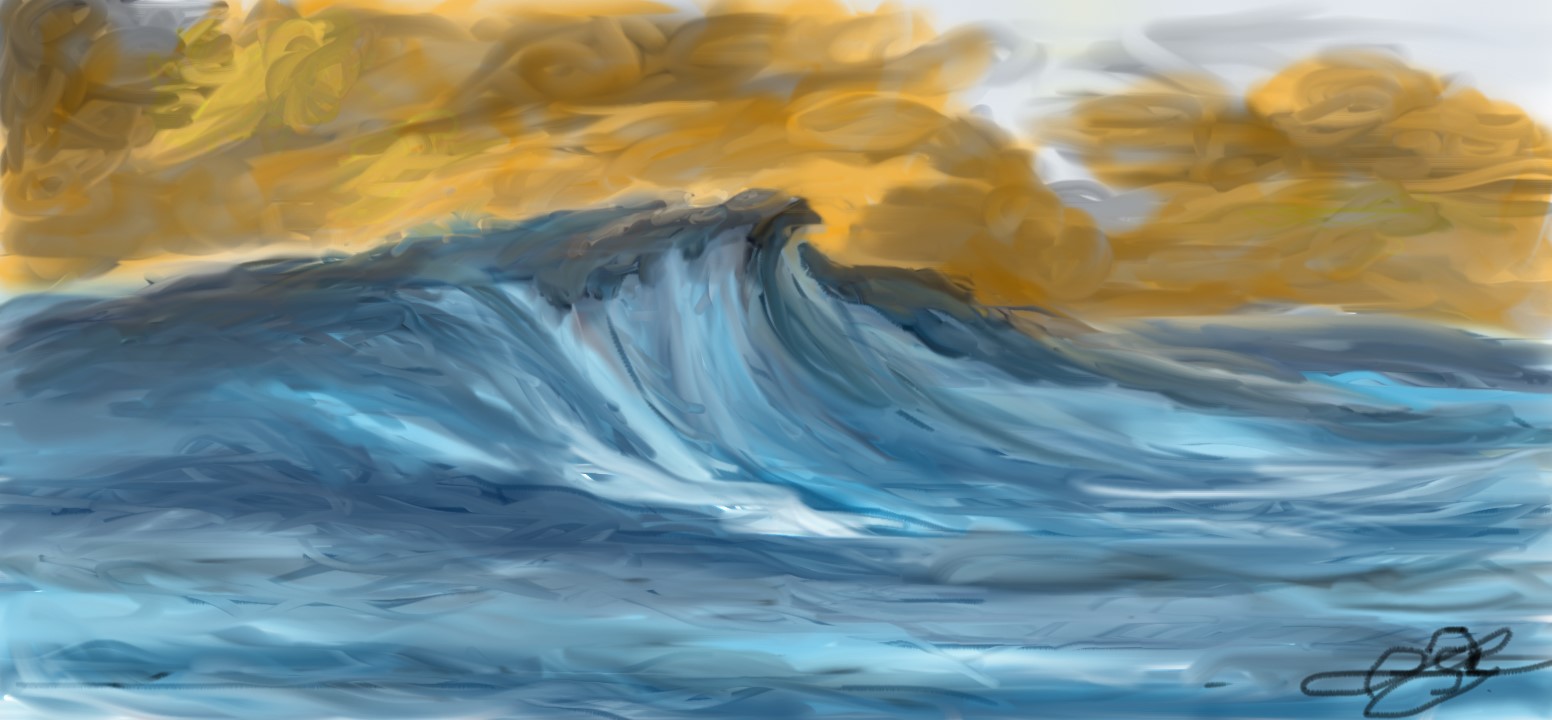Pintura digital de una ola oscura bajo un cielo con nubes doradas