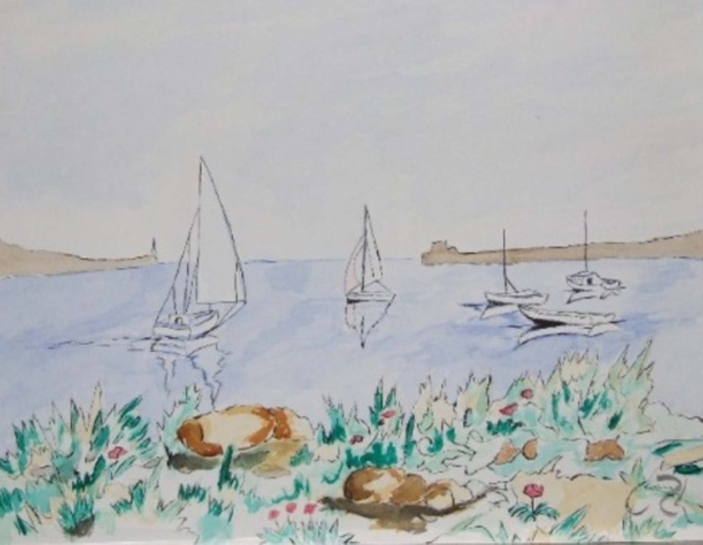 Pintura de acuarela que muestra veleros en una bahía tranquila vistos desde la orilla con flores