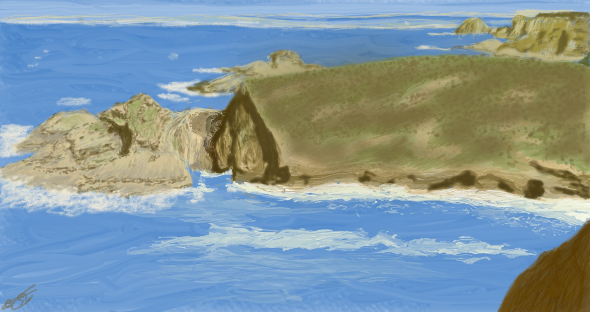 Pintura digital de un paisaje costero con acantilados verdes y mar azul profundo