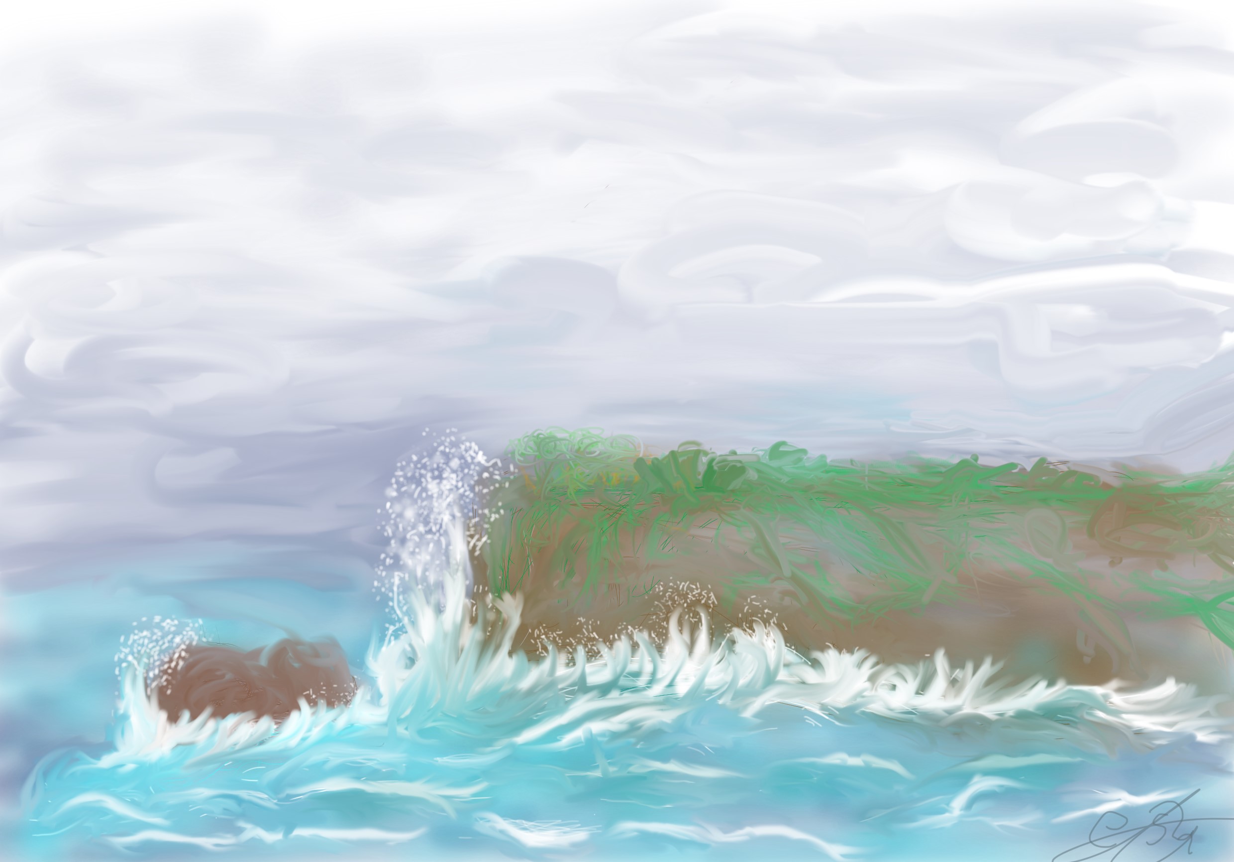 Pintura digital de un acantilado con olas rompiendo