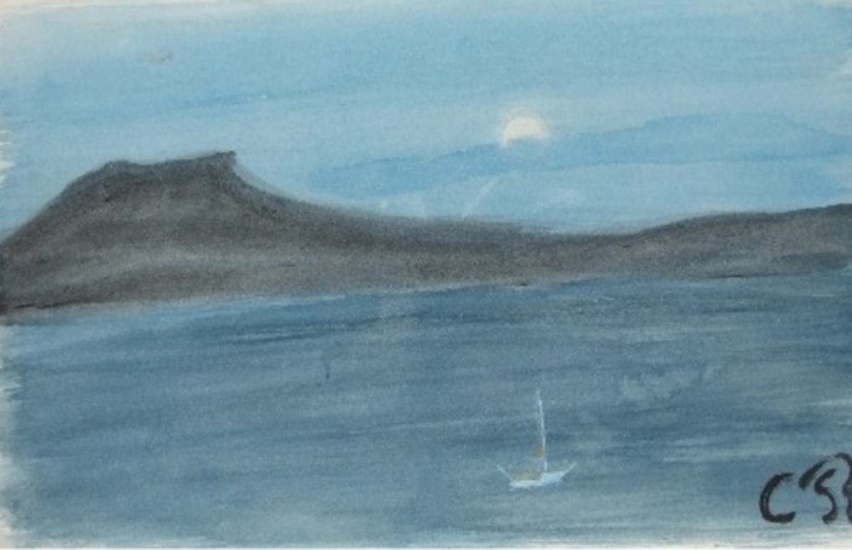 Acuarela de un velero solitario bajo la luna llena y una montaña oscura