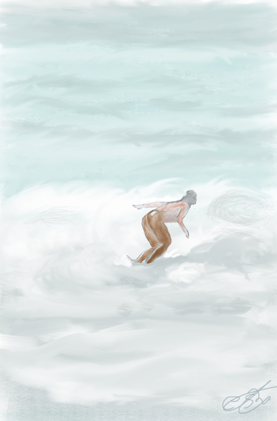 Dibujo digital de un surfista en una ola blanca