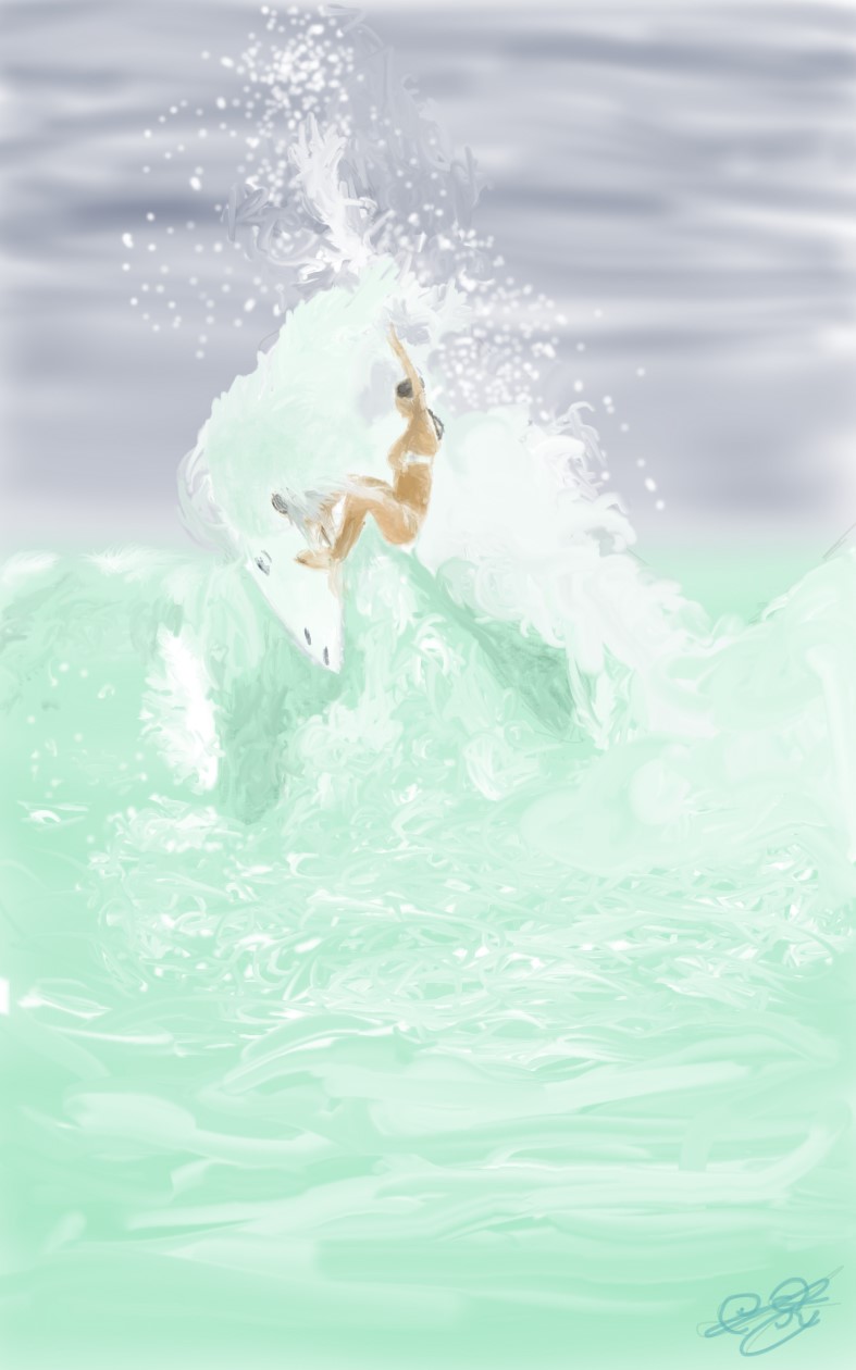 Pintura digital de un surfista realizando una maniobra aérea