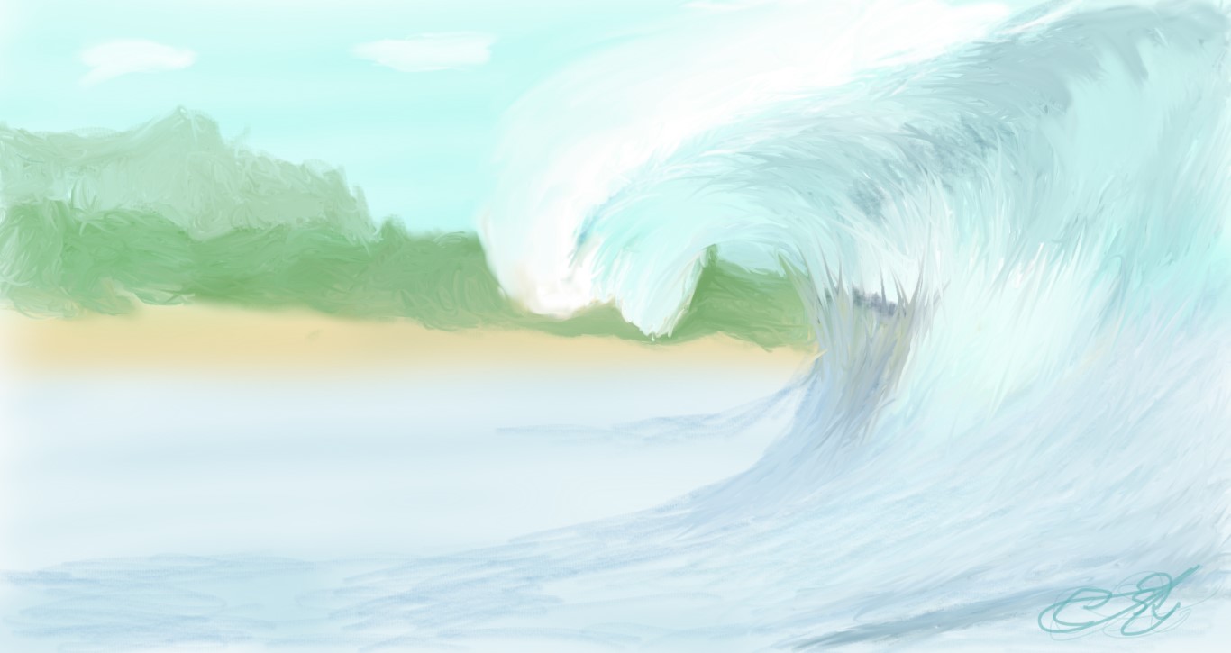 Pintura digital de una ola rompiendo frente a una costa verde