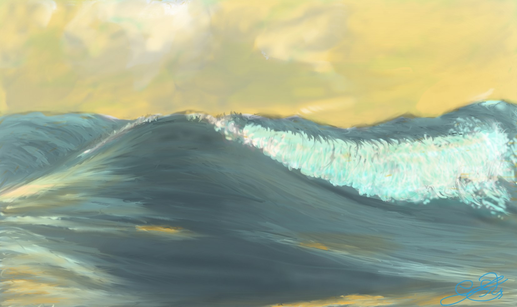 Pintura digital de grandes olas bajo un cielo amarillento