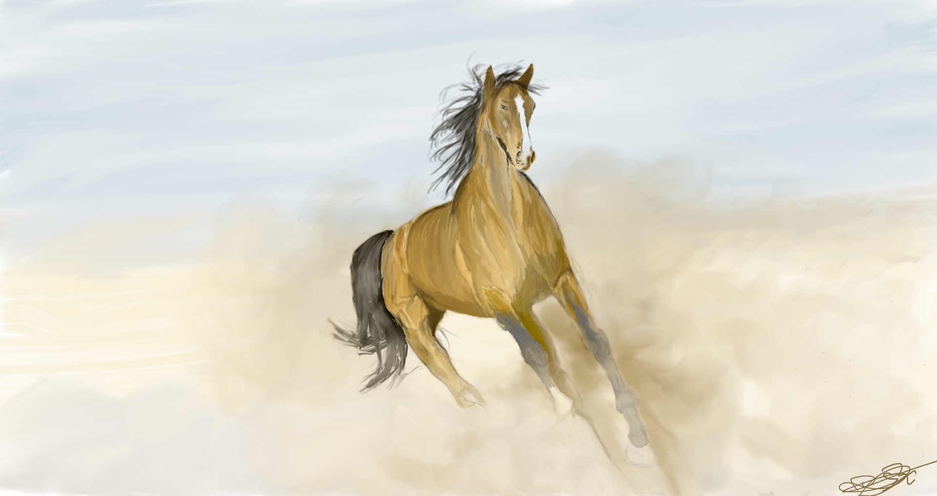 Ilustración digital de un caballo marrón galopando entre nubes de polvo