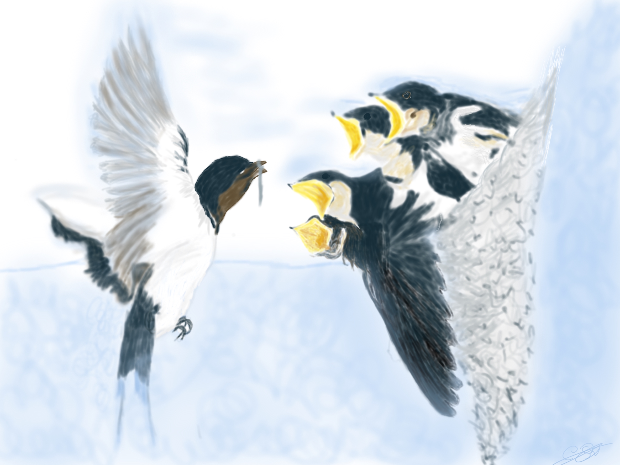 Ilustración digital de una golondrina alimentando a sus crías en el nido