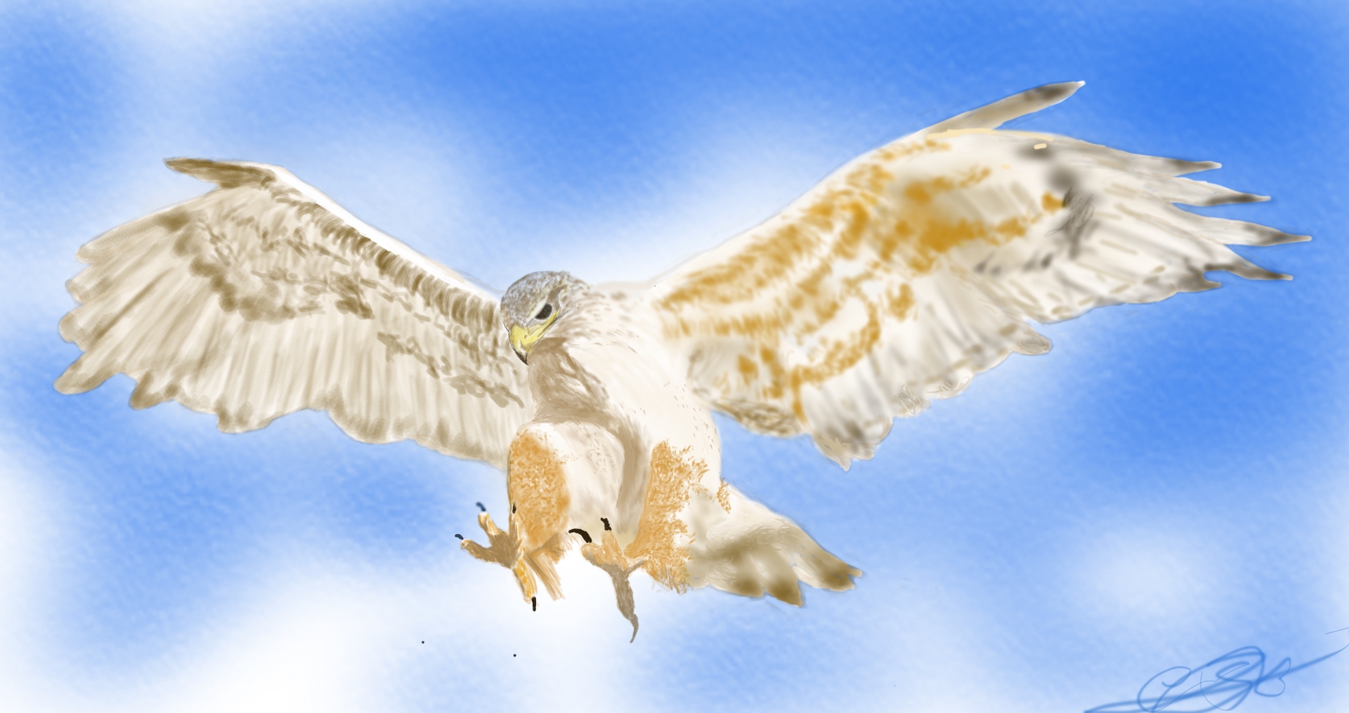 Pintura digital de un águila real en pleno vuelo, descendiendo con las garras extendidas sobre un fondo de cielo azul texturizado.