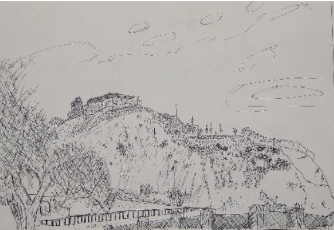 Dibujo a tinta de la Atalaya de Cartagena sobre una colina con murallas