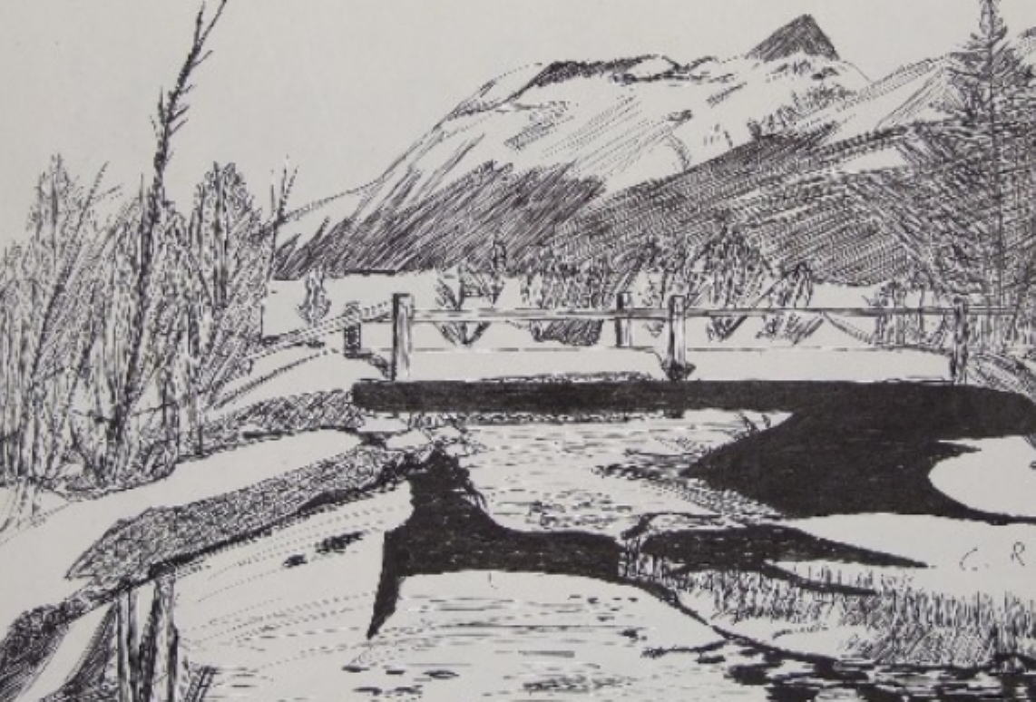 Dibujo a tinta de un puente de madera sobre un río con montañas al fondo