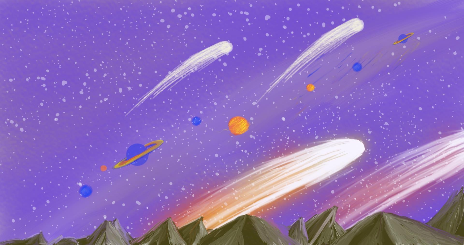 Ilustración digital de cometas y planetas sobre un horizonte montañoso
