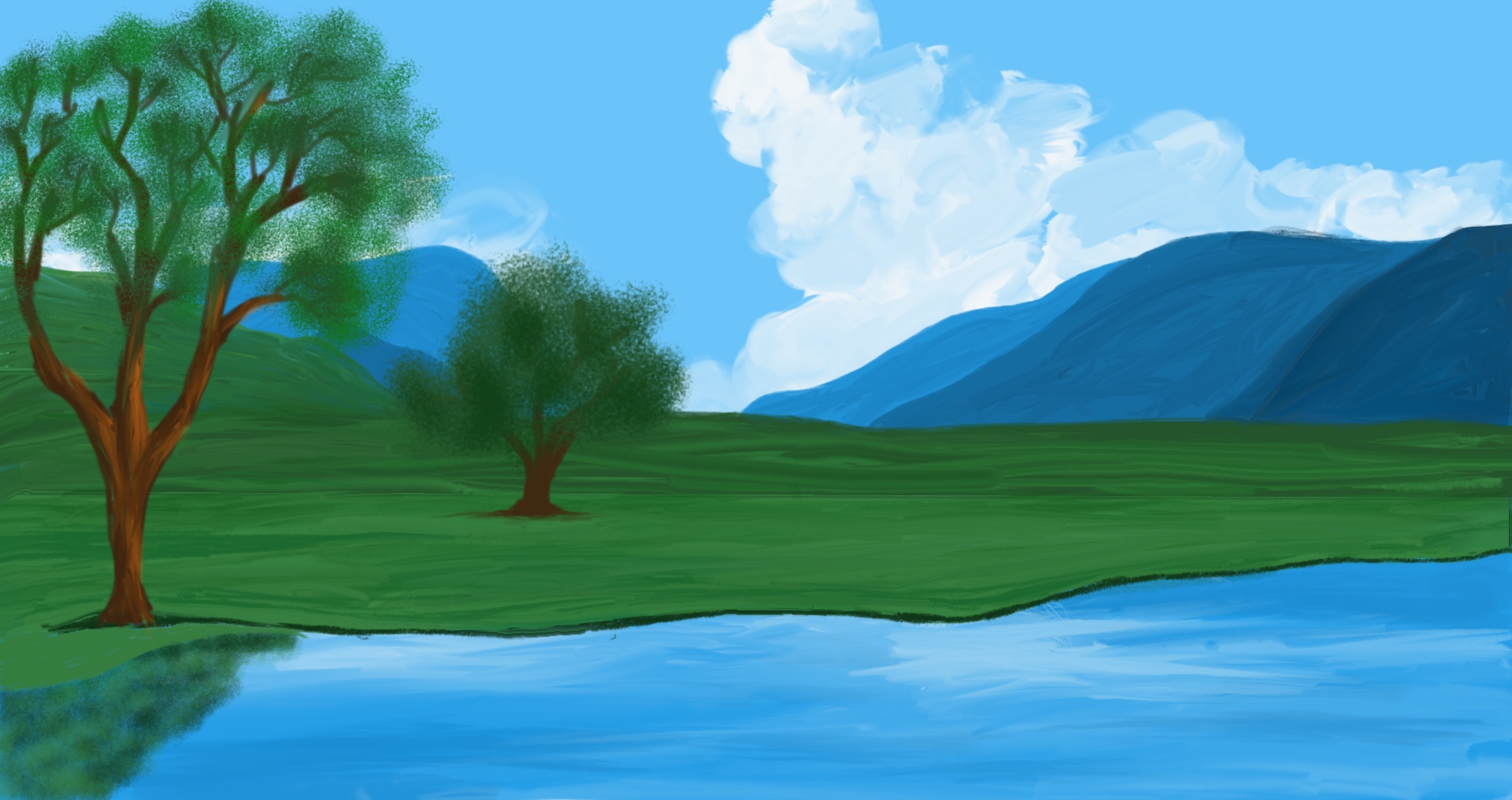 Ilustración digital de una pradera verde junto a un lago con árboles y montañas azules