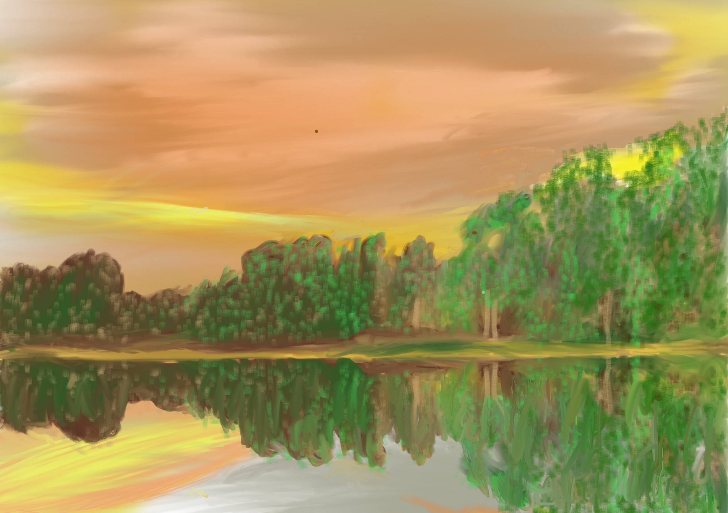 Pintura digital de un atardecer reflejado en un lago