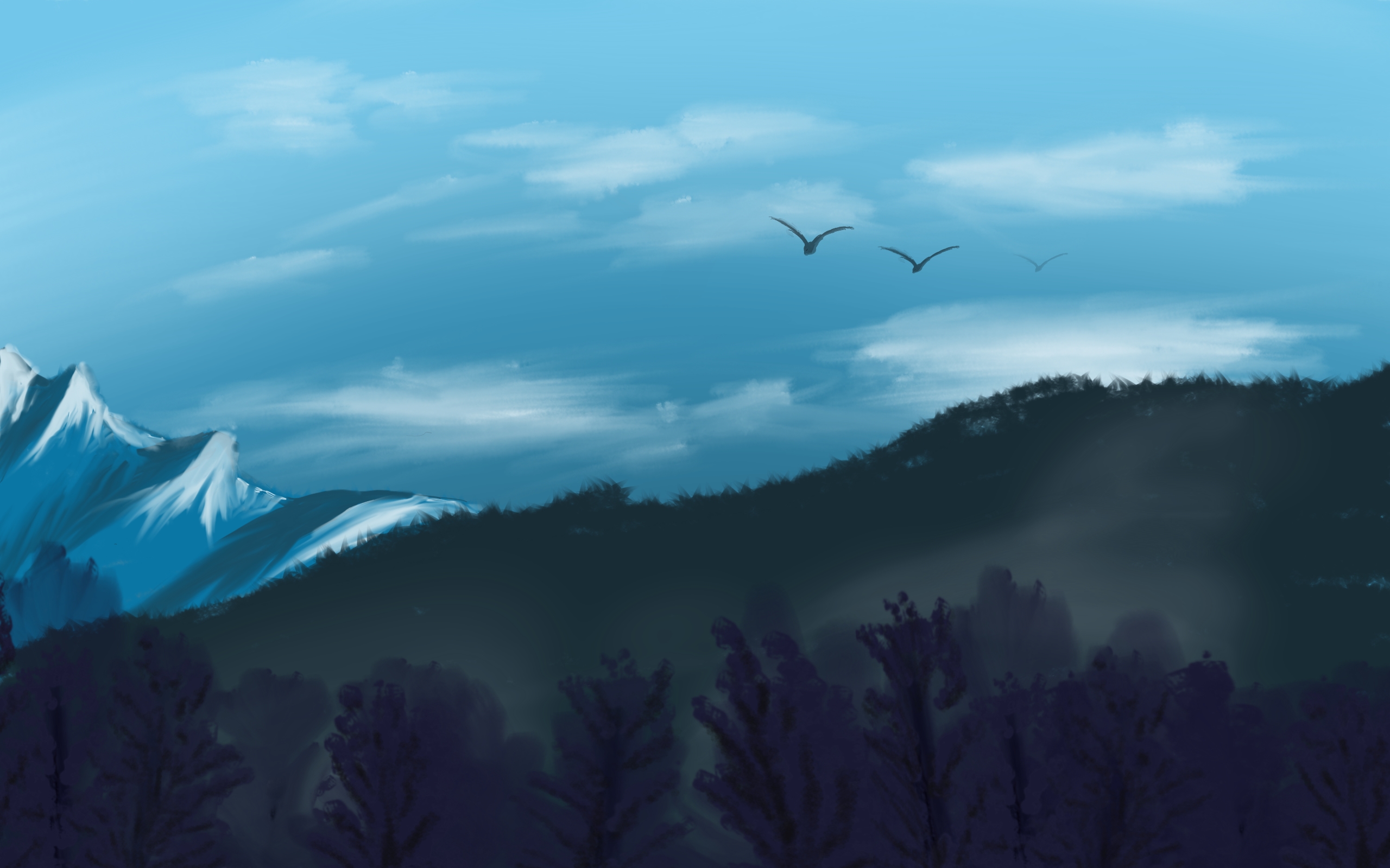 Ilustración digital de un bosque oscuro con montañas nevadas al fondo y aves volando bajo un cielo azul