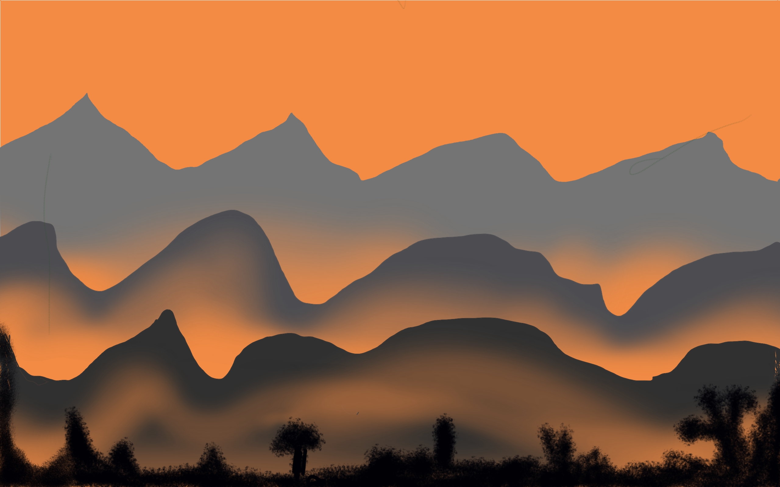 Ilustración digital de siluetas de montañas oscuras bajo un cielo naranja intenso