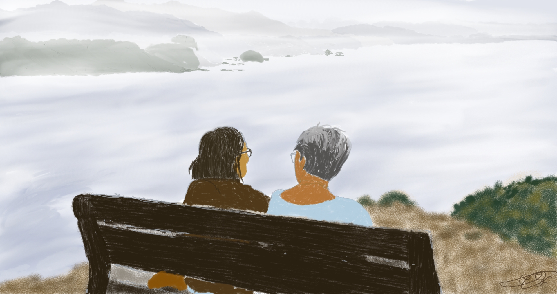 Ilustración digital de dos personas sentadas en un banco mirando un paisaje neblinoso