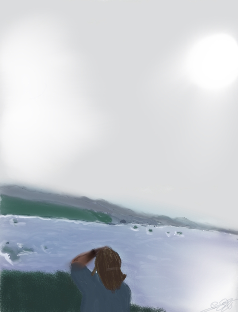 Ilustración digital de una persona de espaldas mirando un paisaje brumoso con un sol pálido