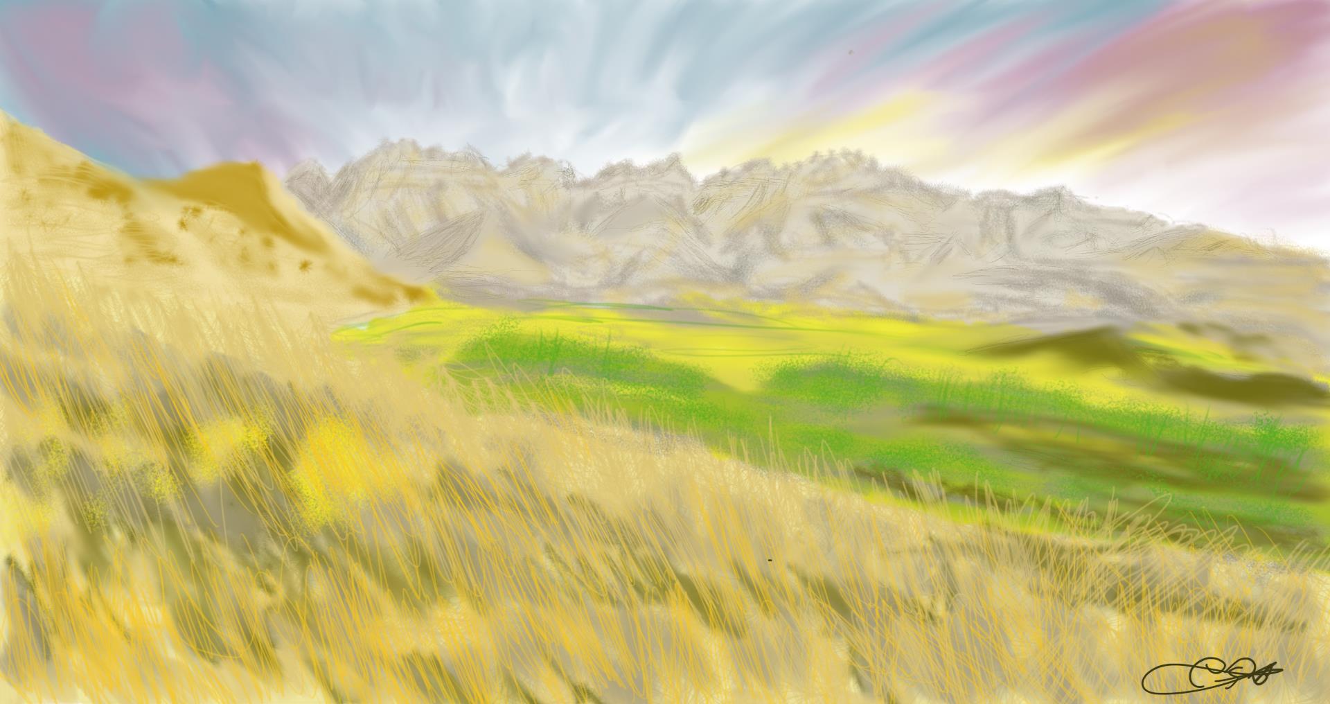 Ilustración digital de una pradera dorada y verde con montañas rocosas al fondo bajo un cielo colorido