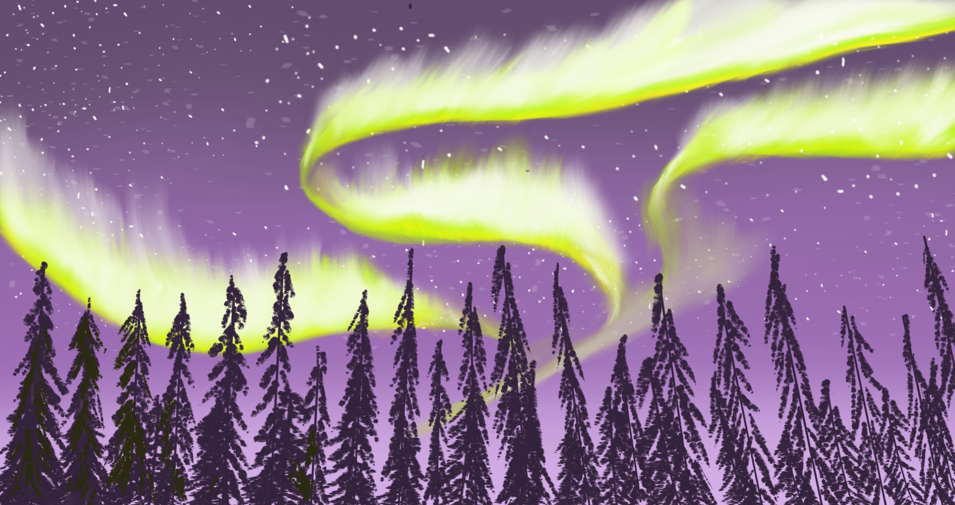 Ilustración digital de una aurora boreal sobre un bosque de pinos
