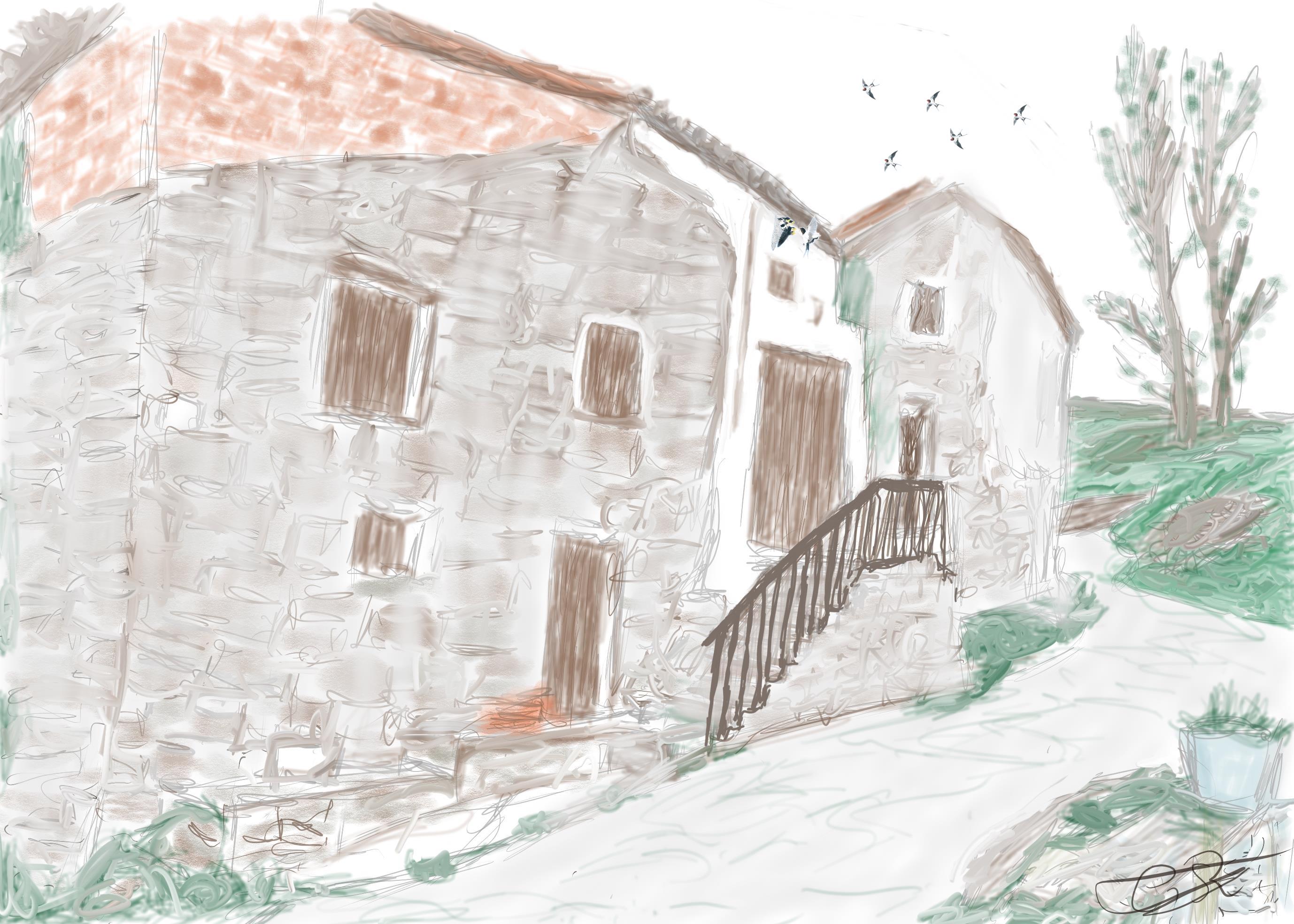 Dibujo detallado de una fachada de piedra con nido de golondrinas y aves volando al fondo