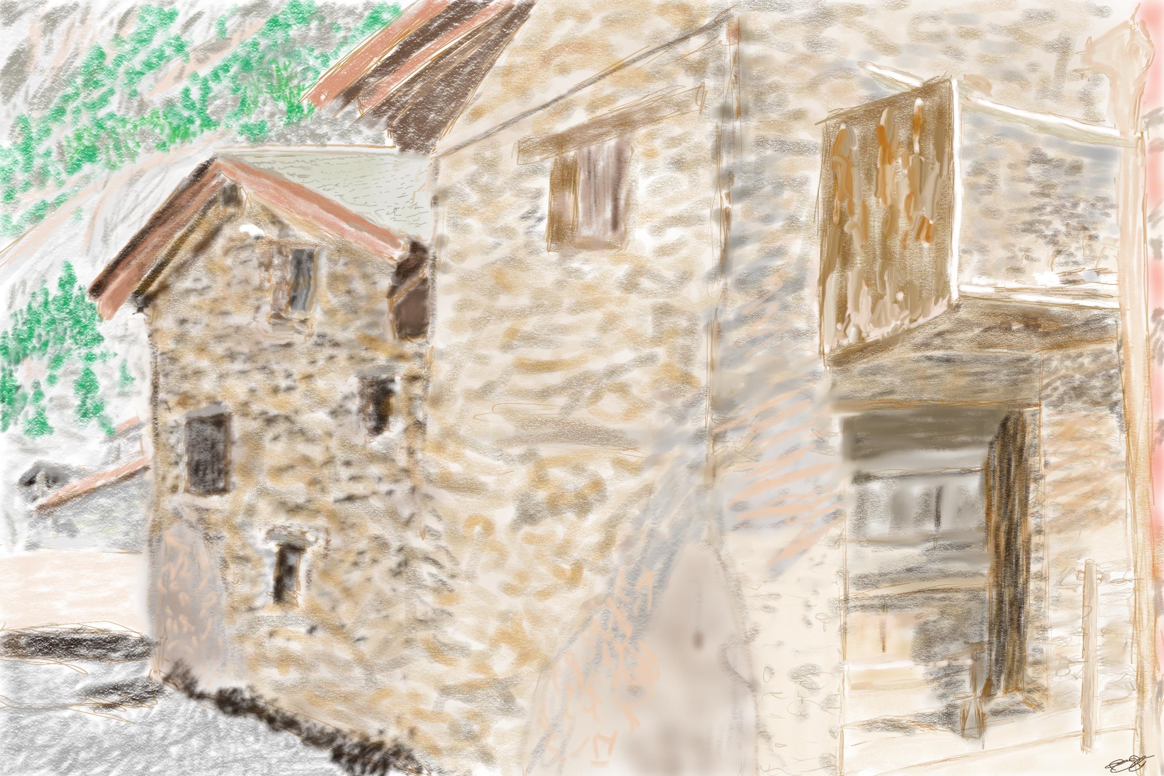 Dibujo digital de casas de piedra en una calle estrecha de montaña con detalles de balcones y tejados