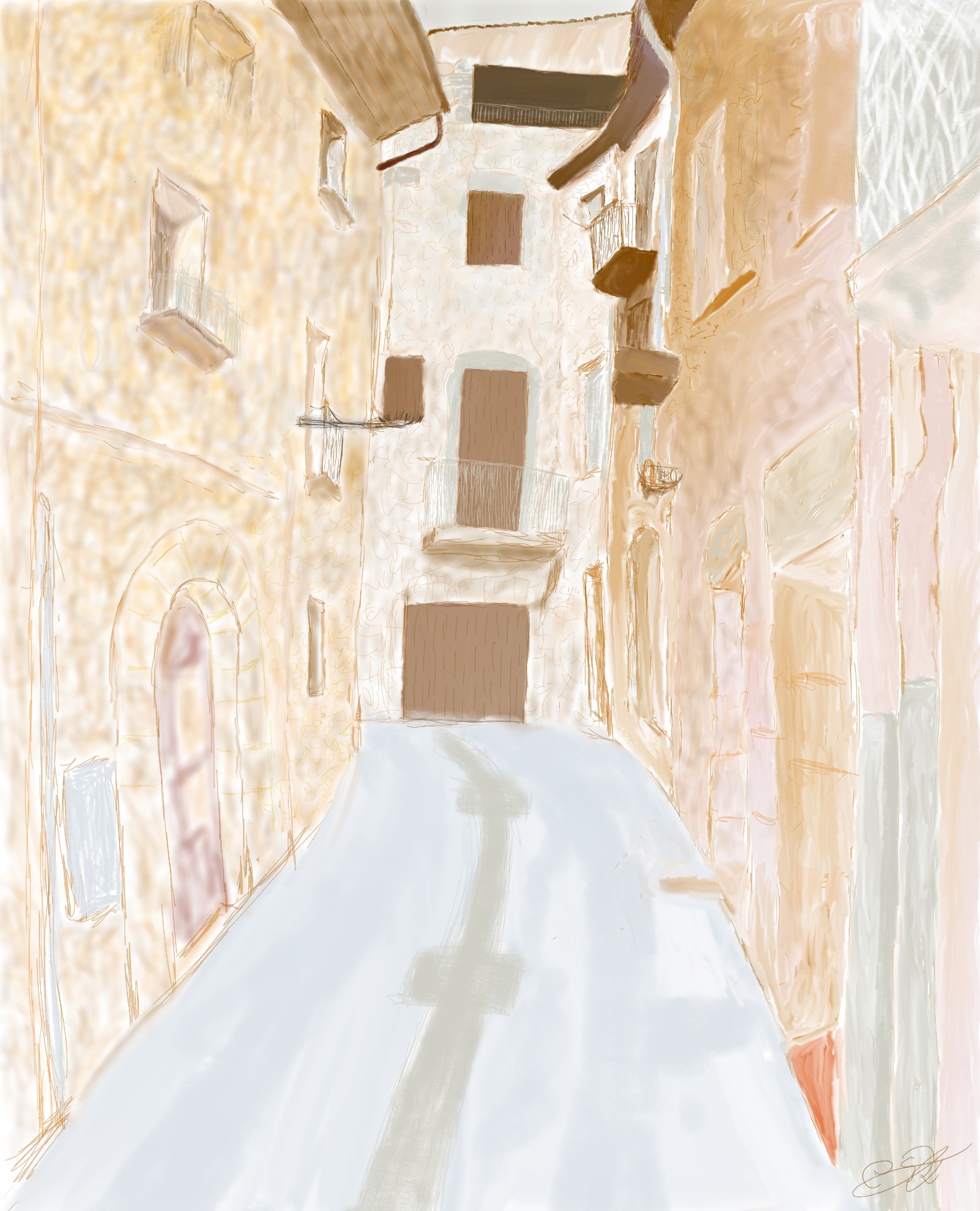 Dibujo de una calle estrecha de pueblo con paredes de piedra y perspectiva profunda