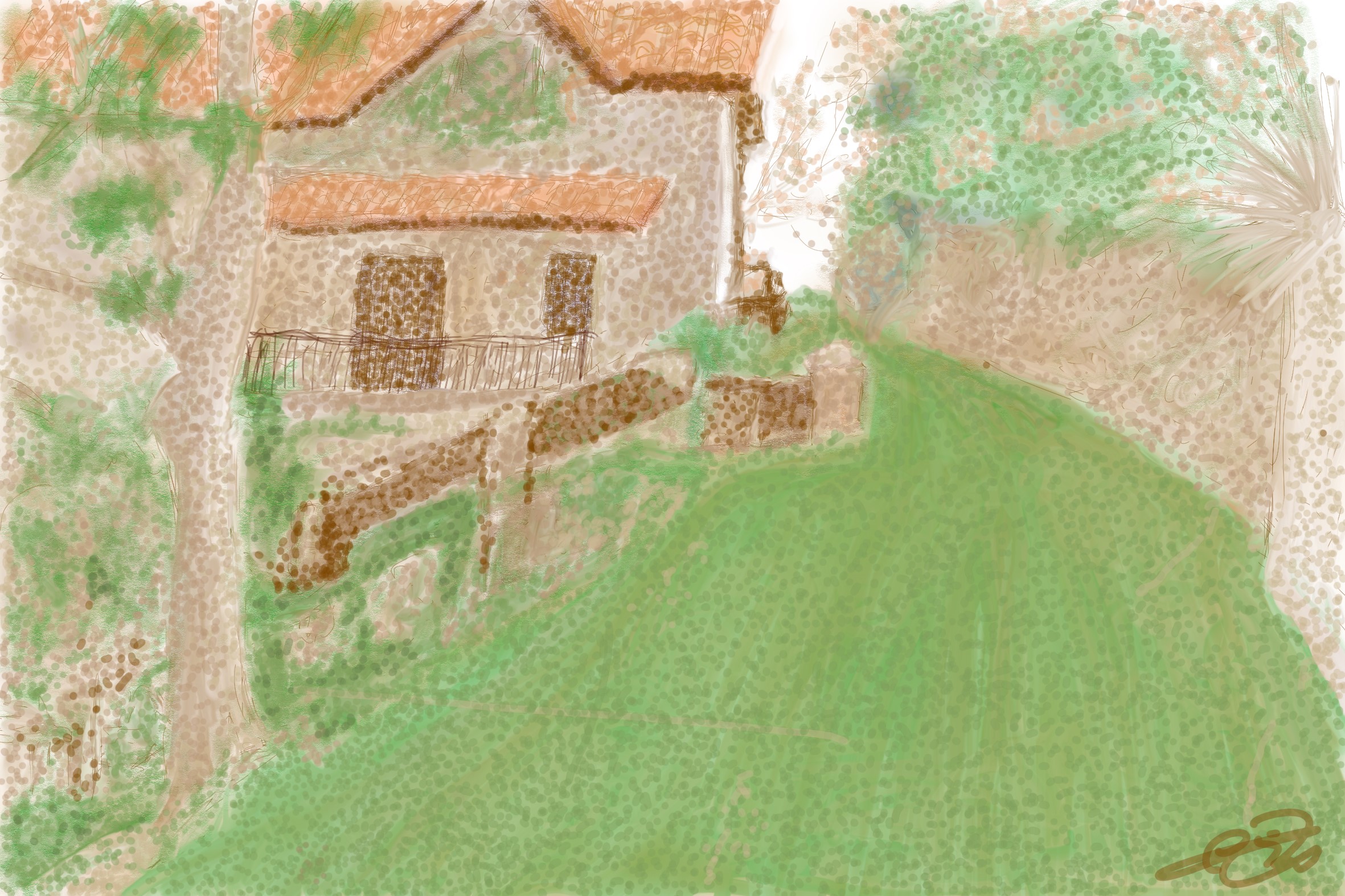 Dibujo digital de una casa de piedra junto a un camino verde ascendente bajo árboles