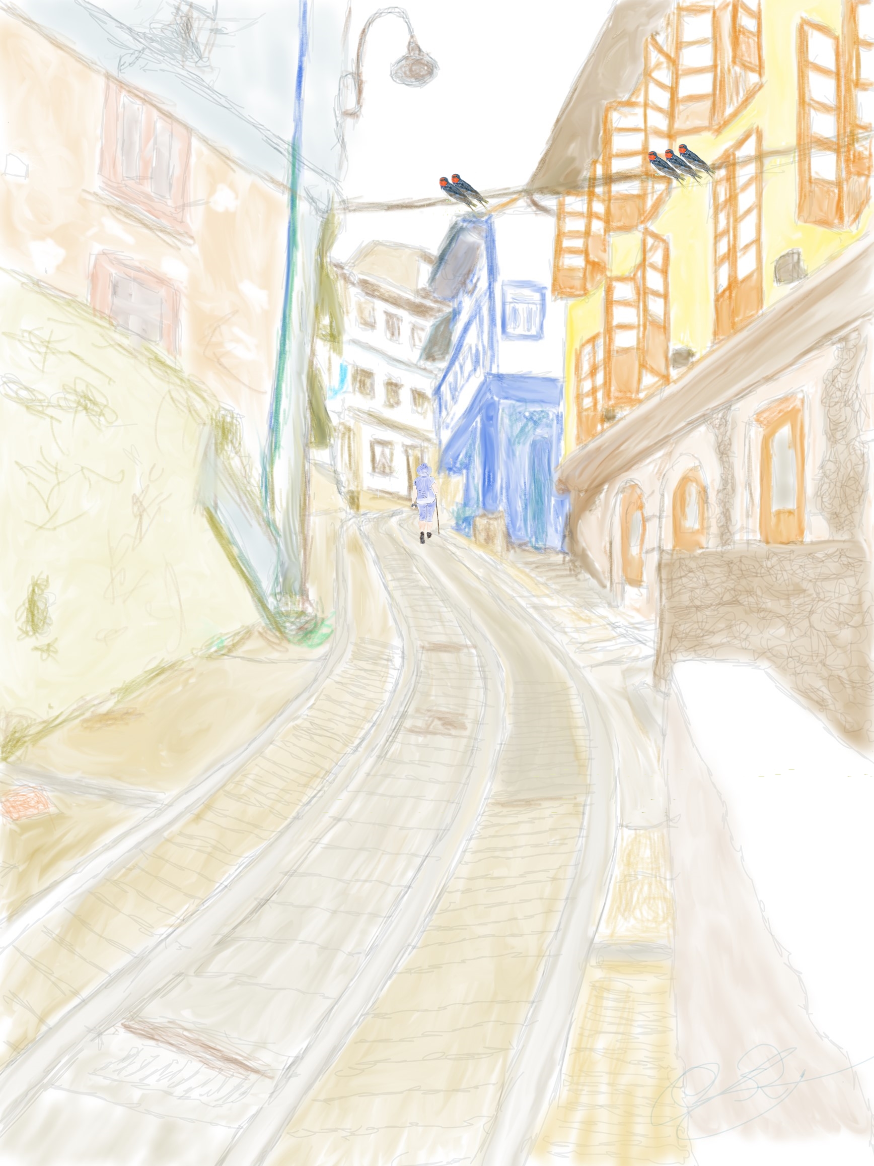 Dibujo de la subida a Cudillero con golondrinas en un cable y una vecina subiendo la cuesta