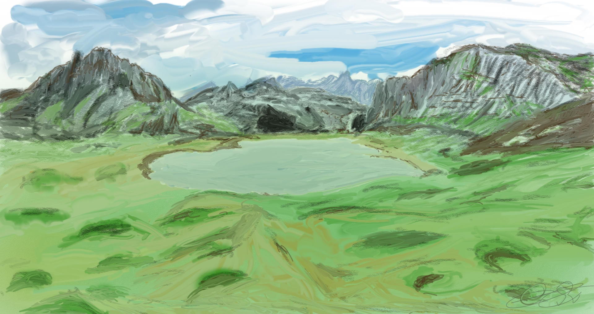 Ilustración digital de un lago de alta montaña en los Lagos de Covadonga, Asturias