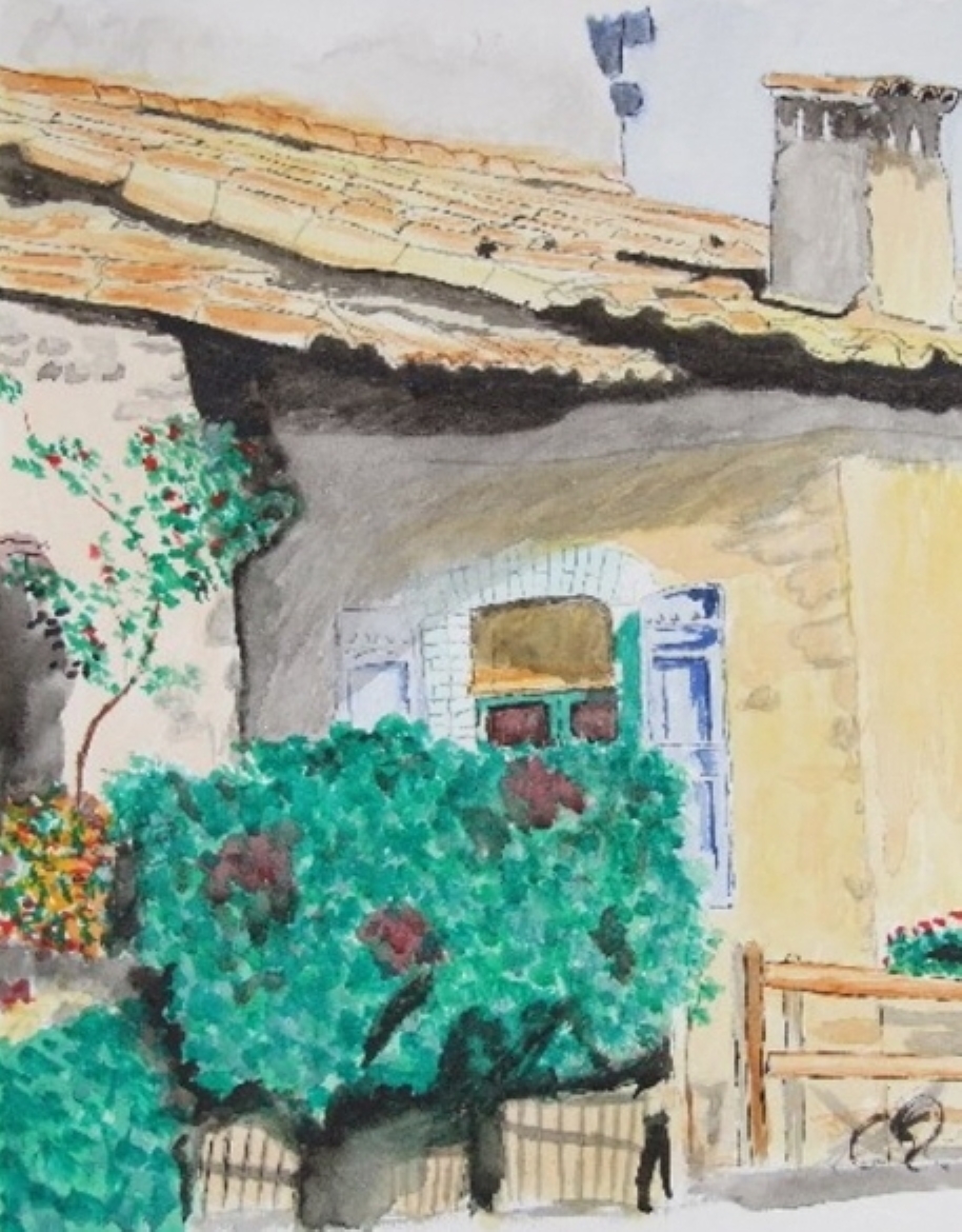 Acuarela detallada de una fachada rural con tejado de tejas, arbustos verdes y contraventanas azules