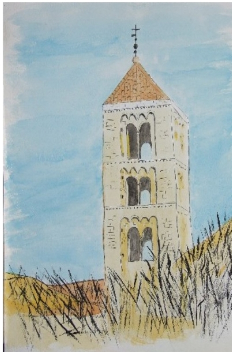 Acuarela de una torre románica con juncos negros en primer plano