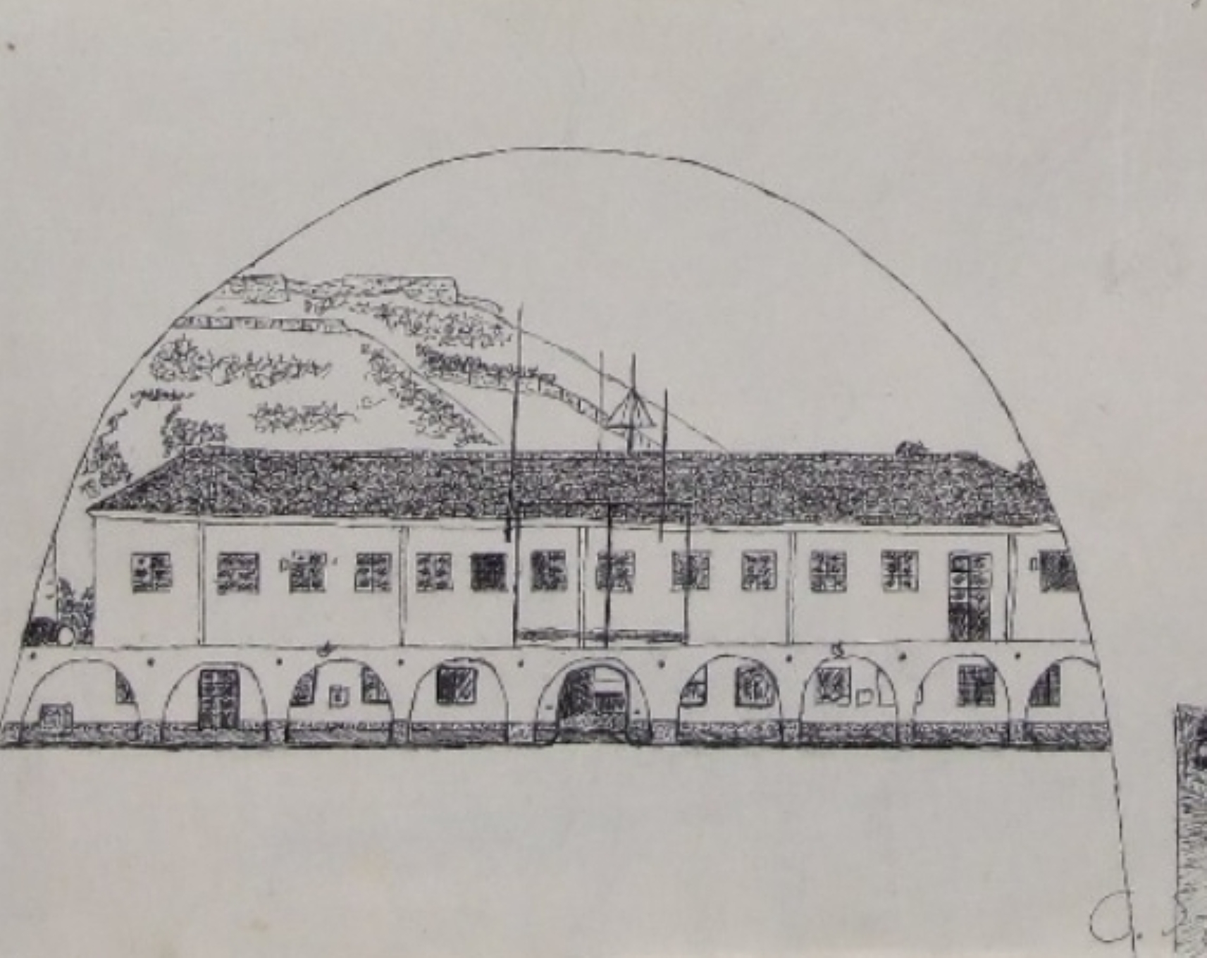 Dibujo a tinta del Patio de Armas del Cuartel del Tercio de Levante en Cartagena