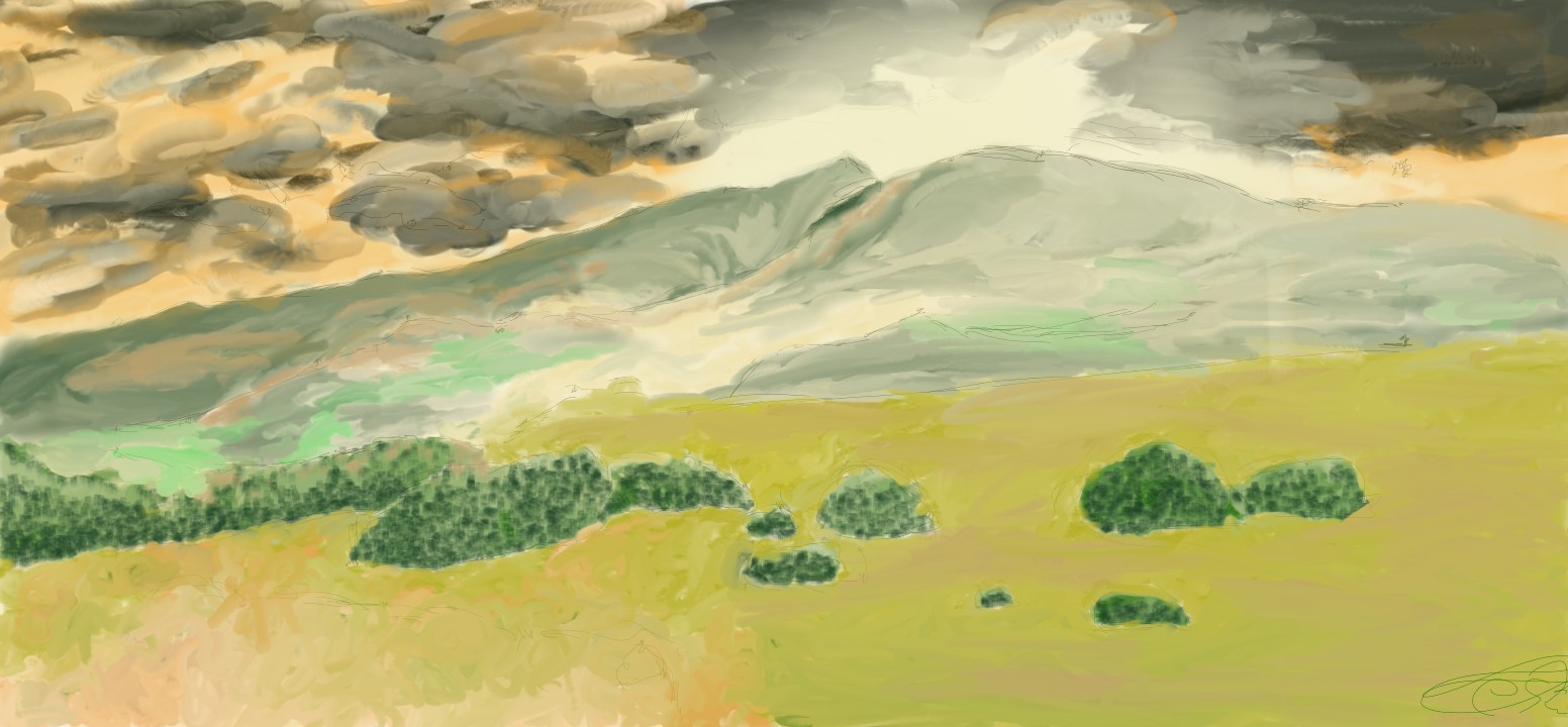 Ilustración digital titulada Presagio en la Cumbre, mostrando una montaña bajo nubes de tormenta