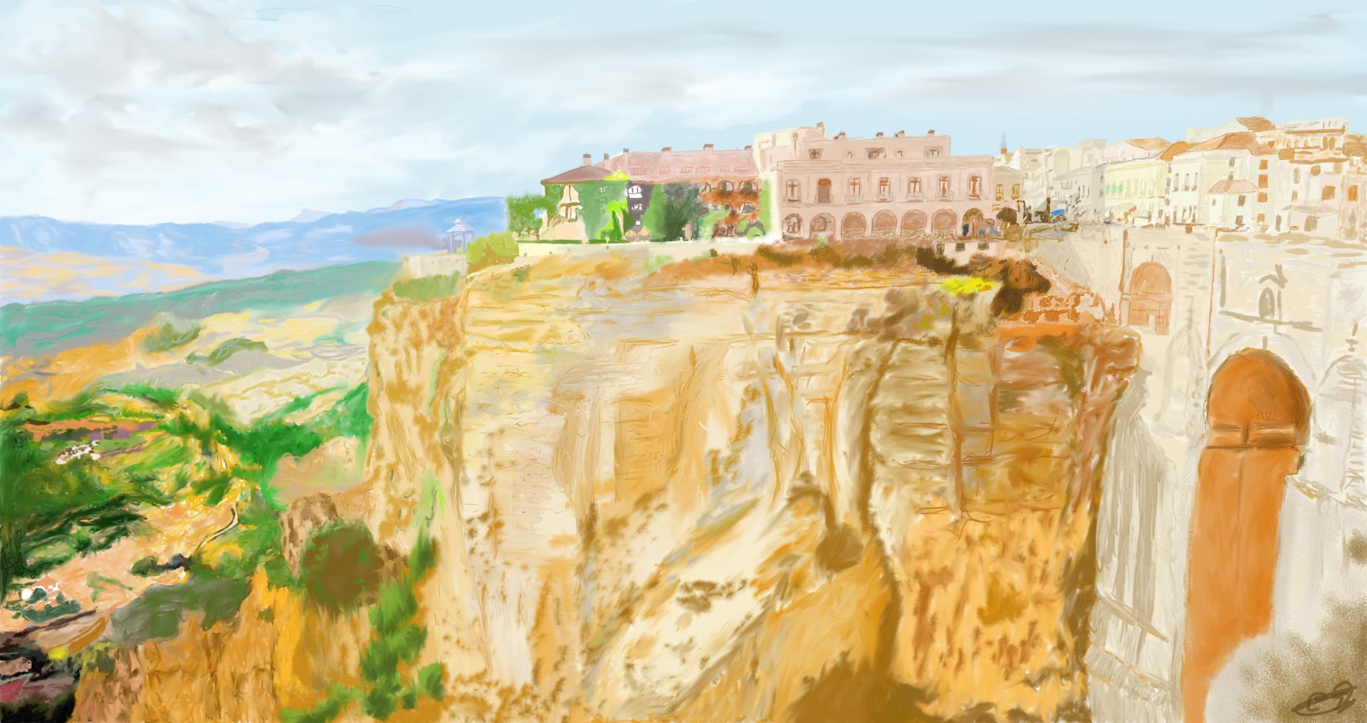 Dibujo del Tajo de Ronda con el caserío sobre el precipicio