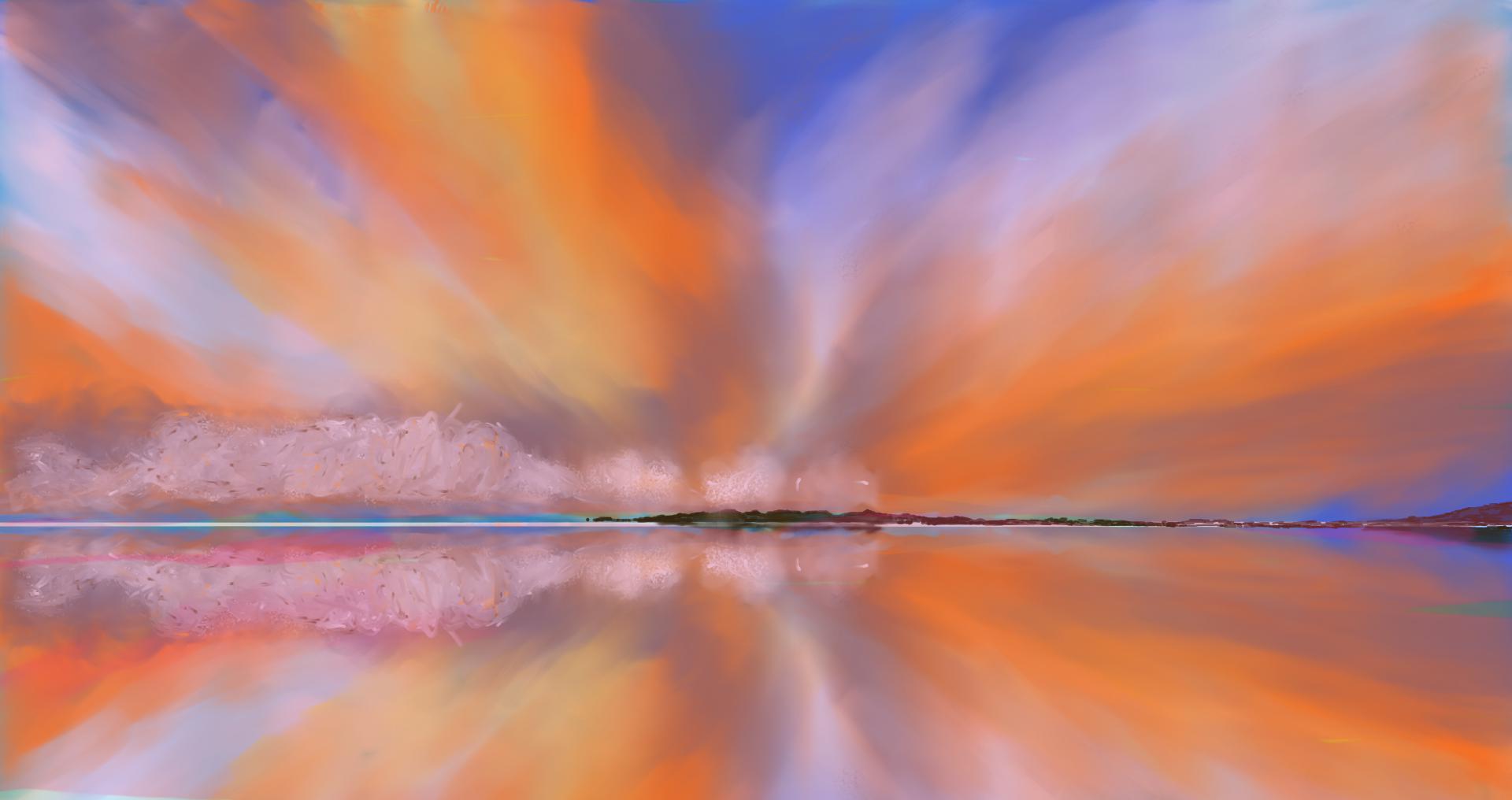 Dibujo impresionista de un atardecer con reflejos en el agua