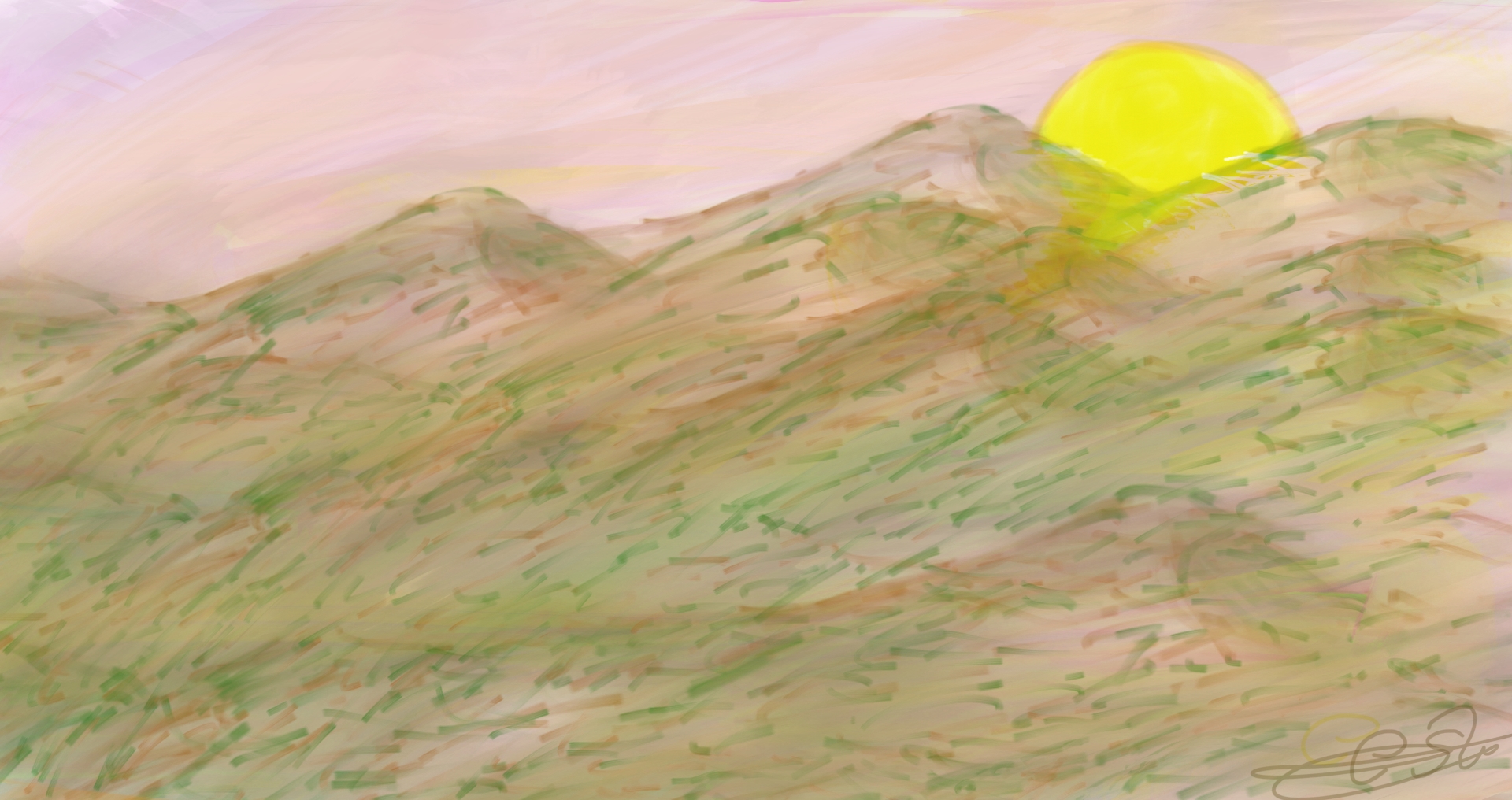 Dibujo de un amanecer tras las montañas