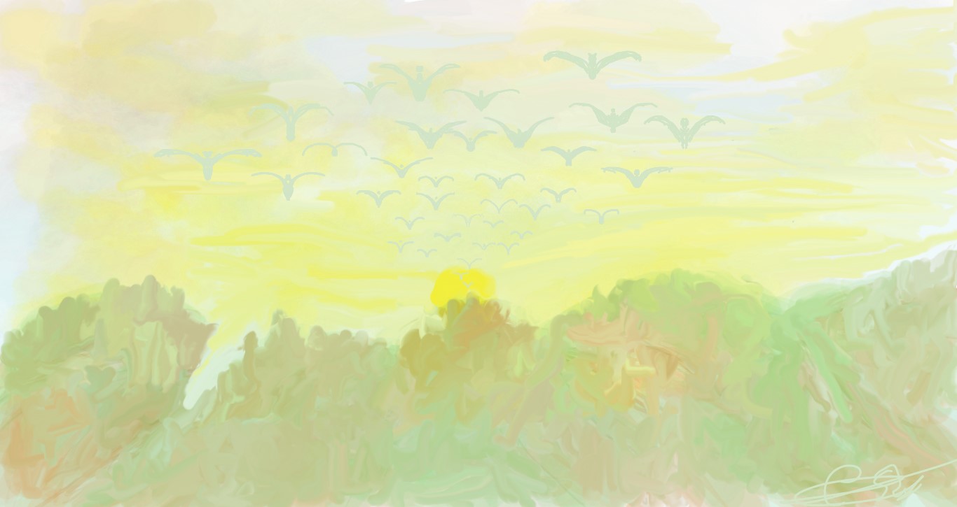 Ilustración digital de un amanecer dorado con aves volando sobre un bosque