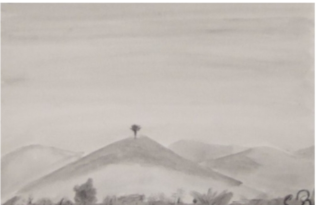 Dibujo artístico en escala de grises de colinas suaves con un árbol solitario en la cima