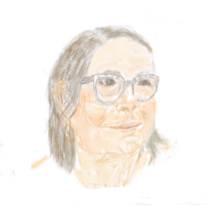 Retrato digital de Antonia con gafas y expresión amable