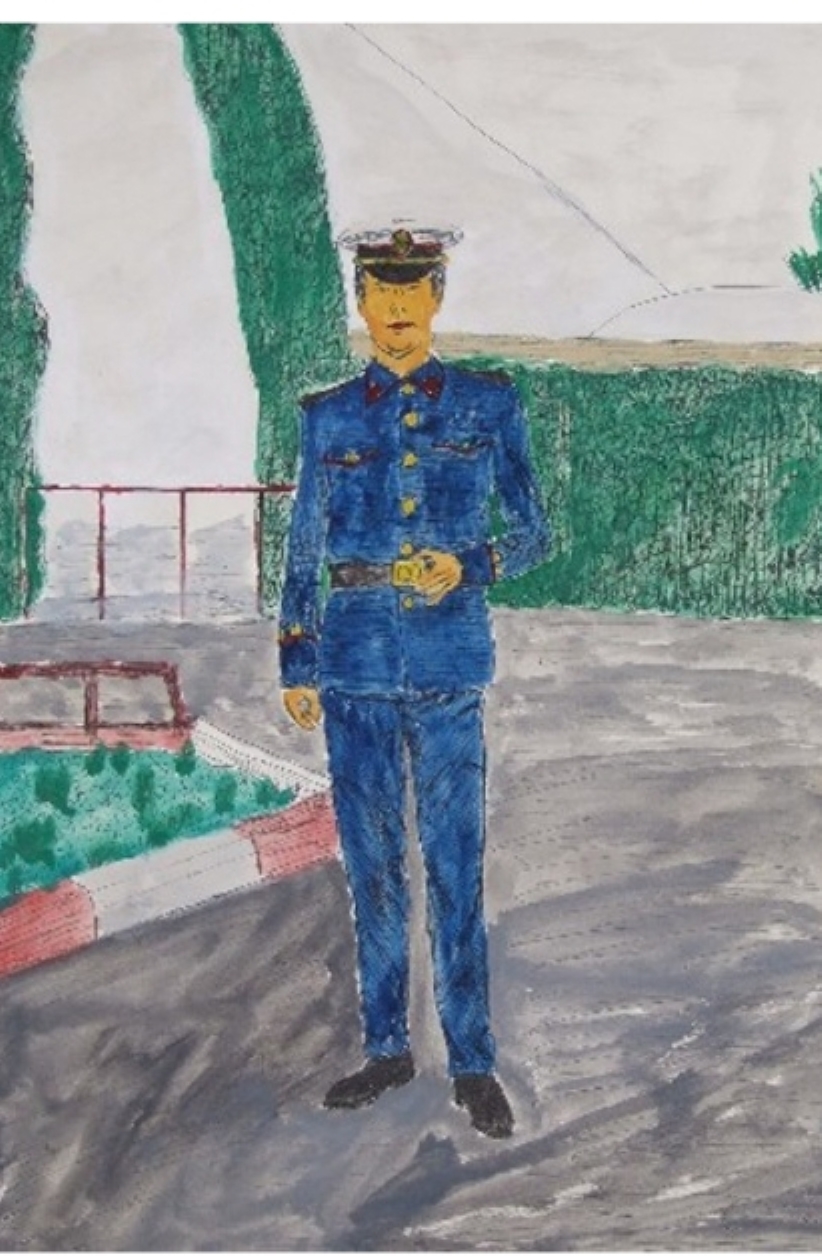 Dibujo testimonial de un compañero de servicio militar uniformado