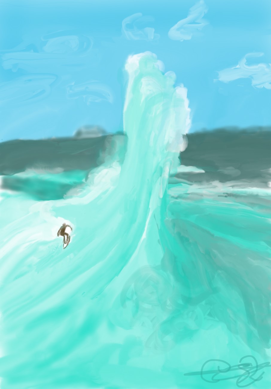 Pintura digital de un surfista frente a una enorme ola de agua turquesa