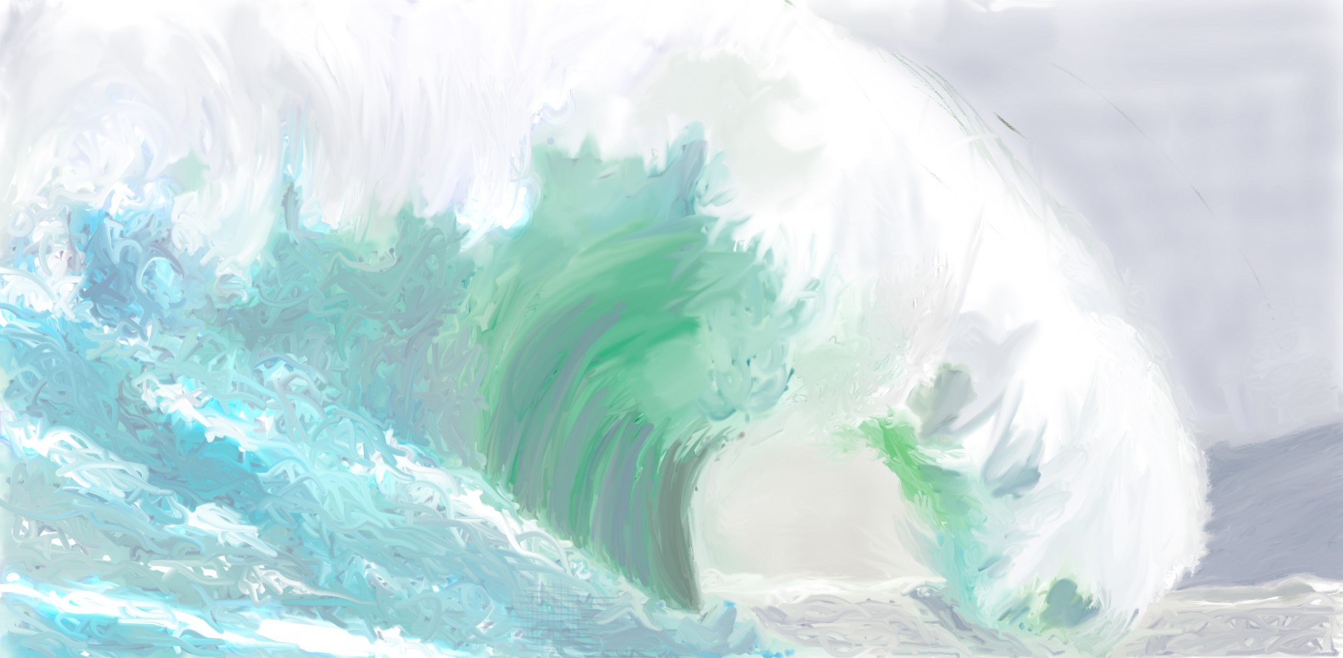 Pintura digital de una ola rompiendo con mucha espuma y trazos abstractos