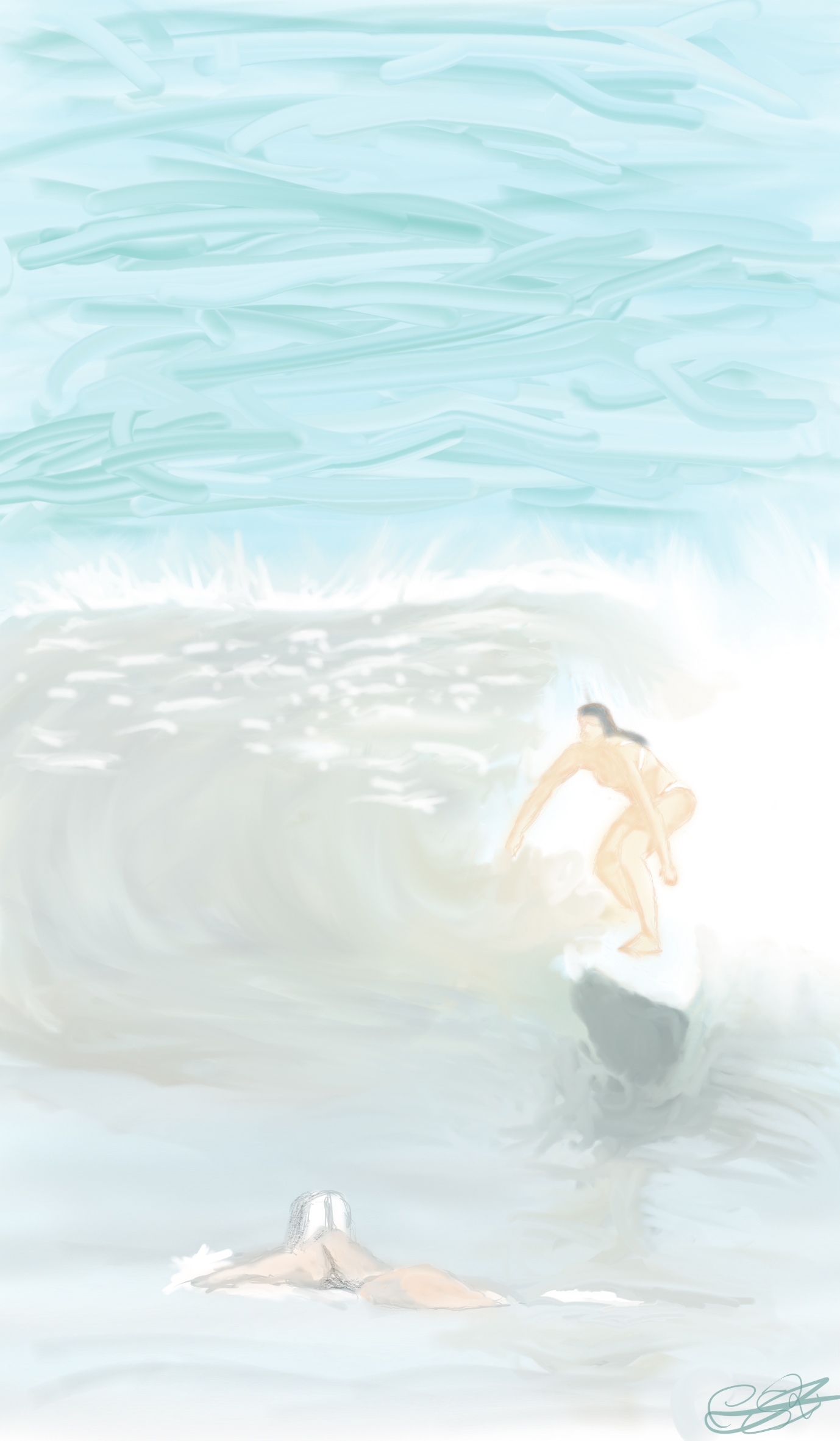 Pintura digital de un surfista en una ola con tonos pasteles