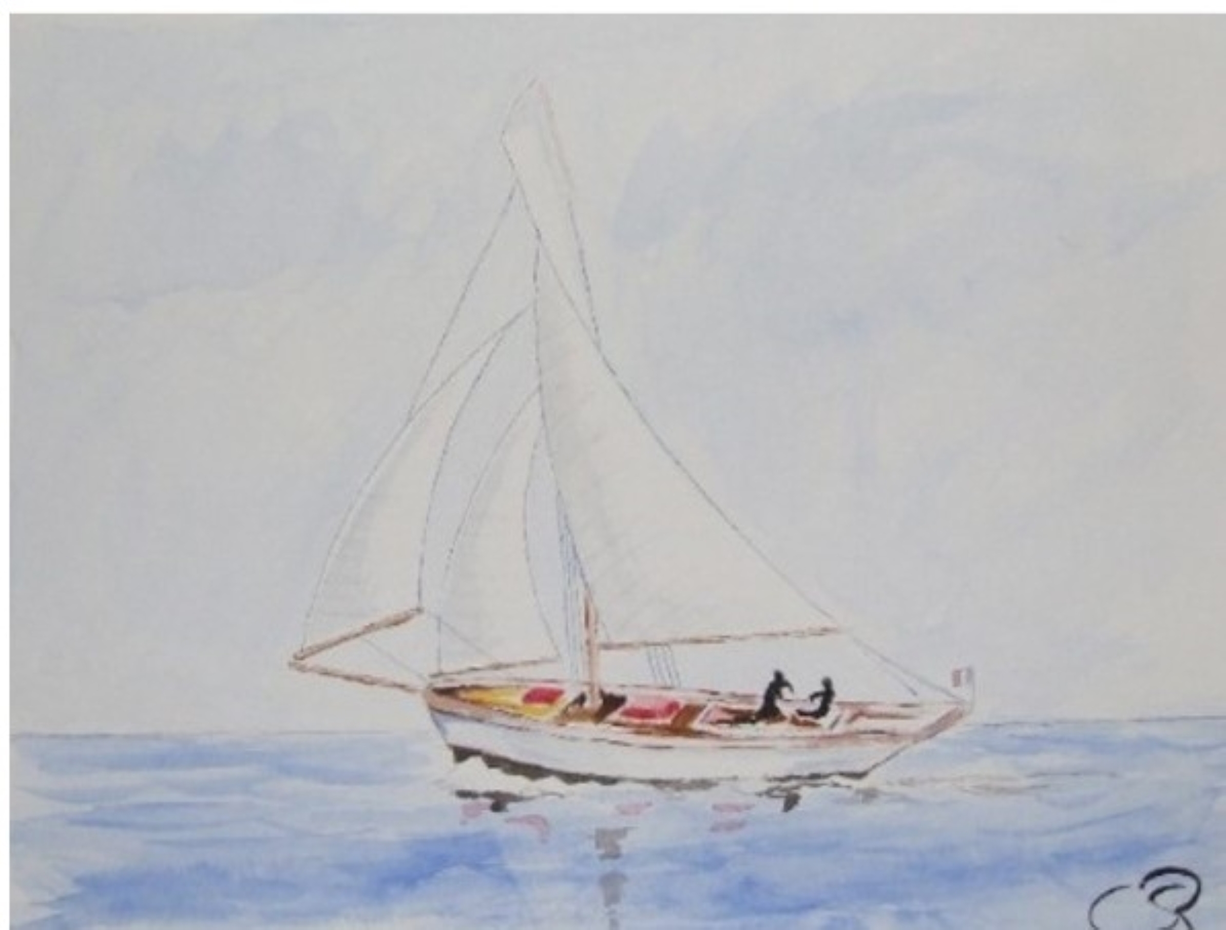 Pintura de un velero blanco navegando en aguas tranquilas