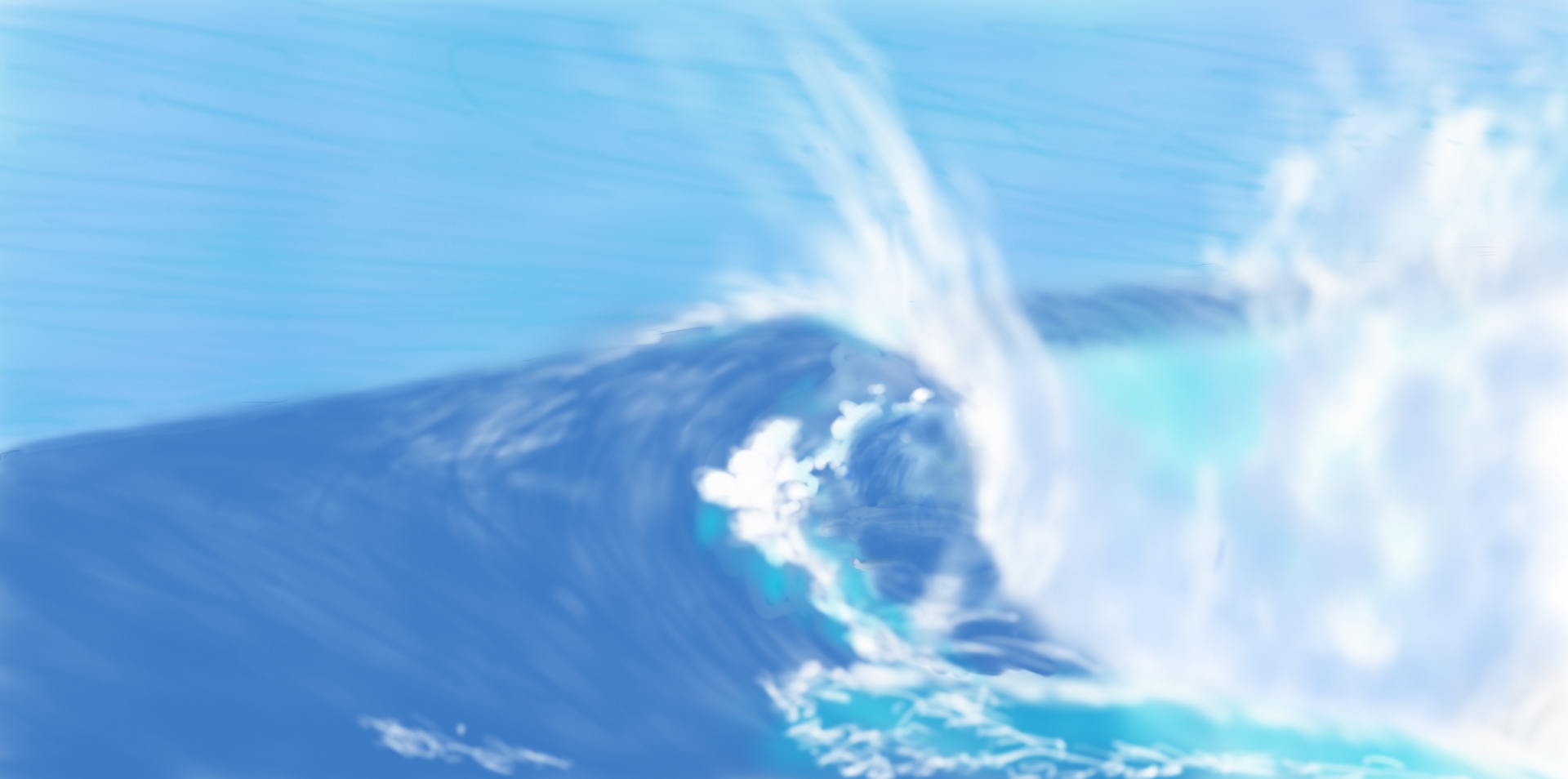 Pintura digital de una gran ola azul con espuma blanca intensa