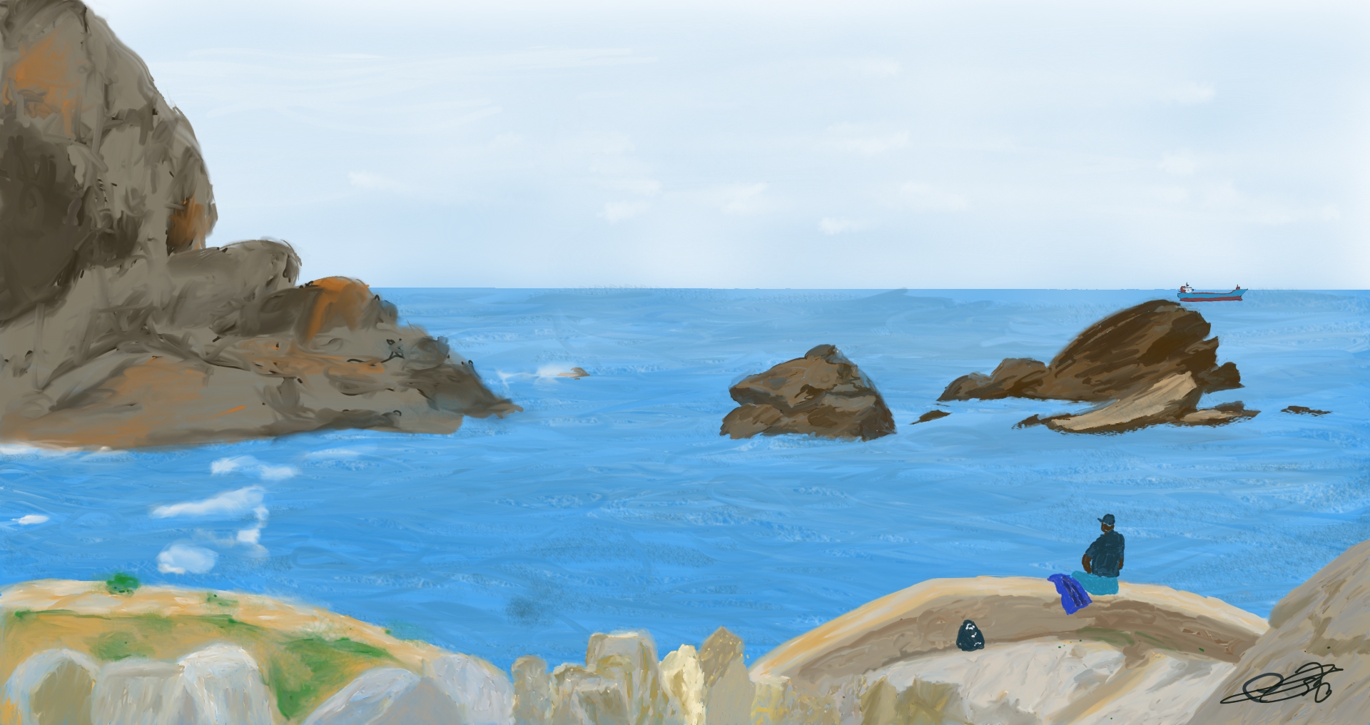 Pintura digital de un hombre sentado en rocas mirando el mar azul con un barco a lo lejos