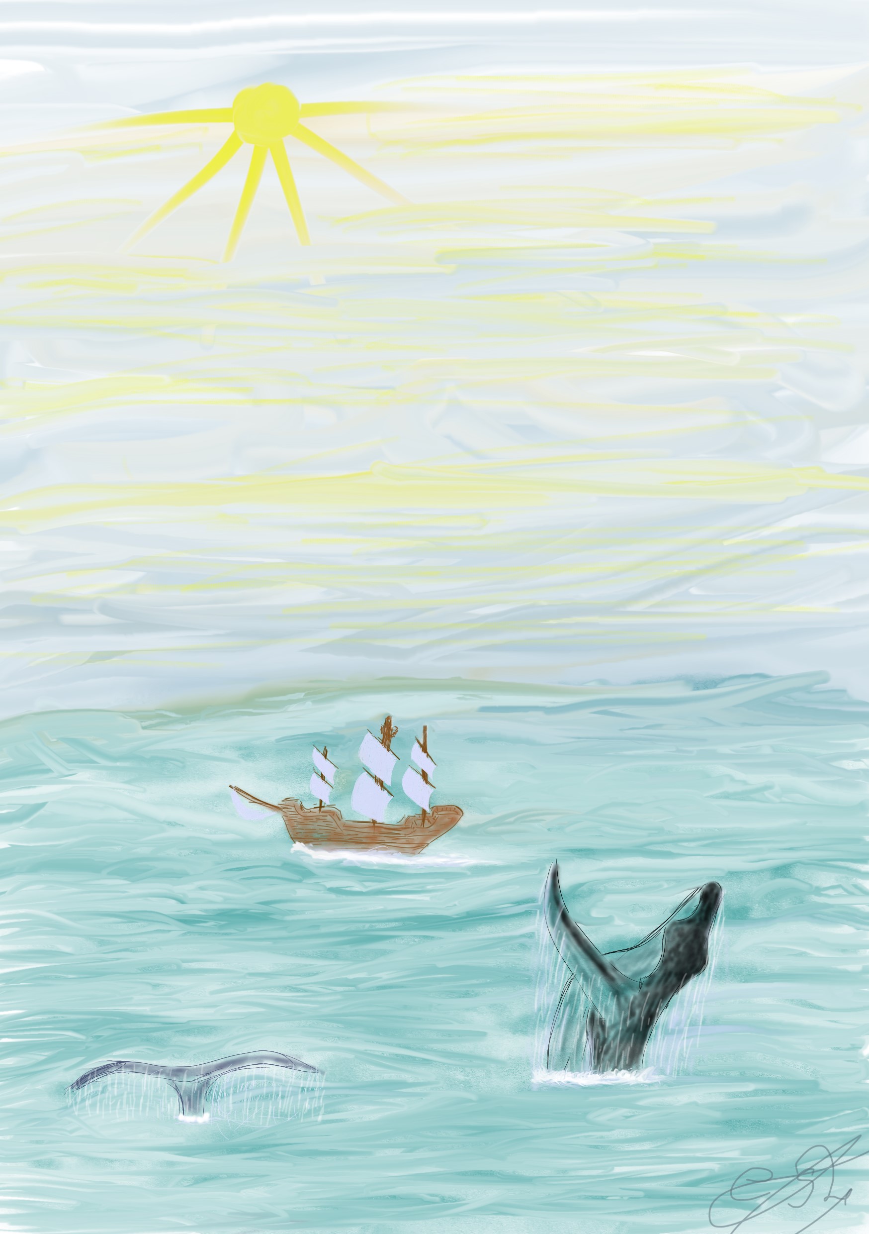 Dibujo digital de un barco velero en el mar con ballenas