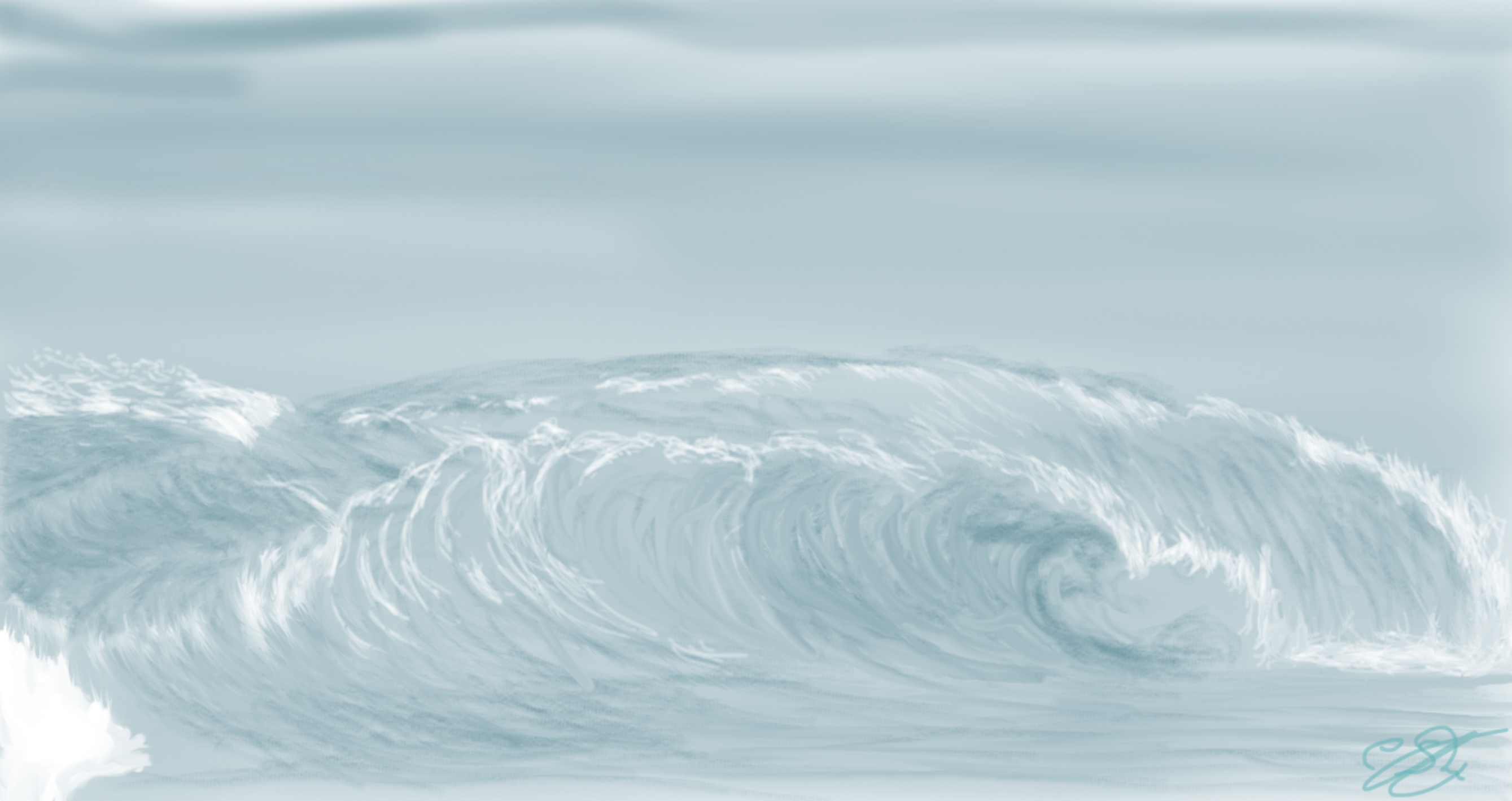 Dibujo digital de una ola rompiendo en tonos azules